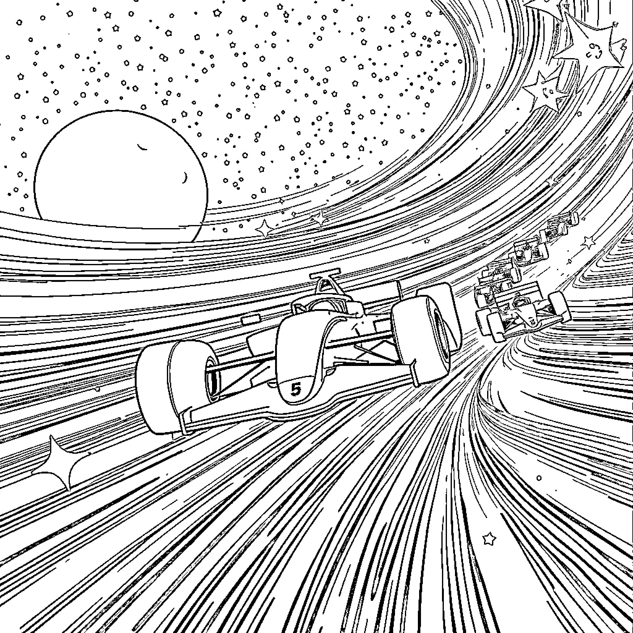 F1 Race in Cosmic Speedway Coloring Page (free black-and-white line drawing printable PDF for all, from beginners to advanced learners, including children, teens, adults, and seniors)