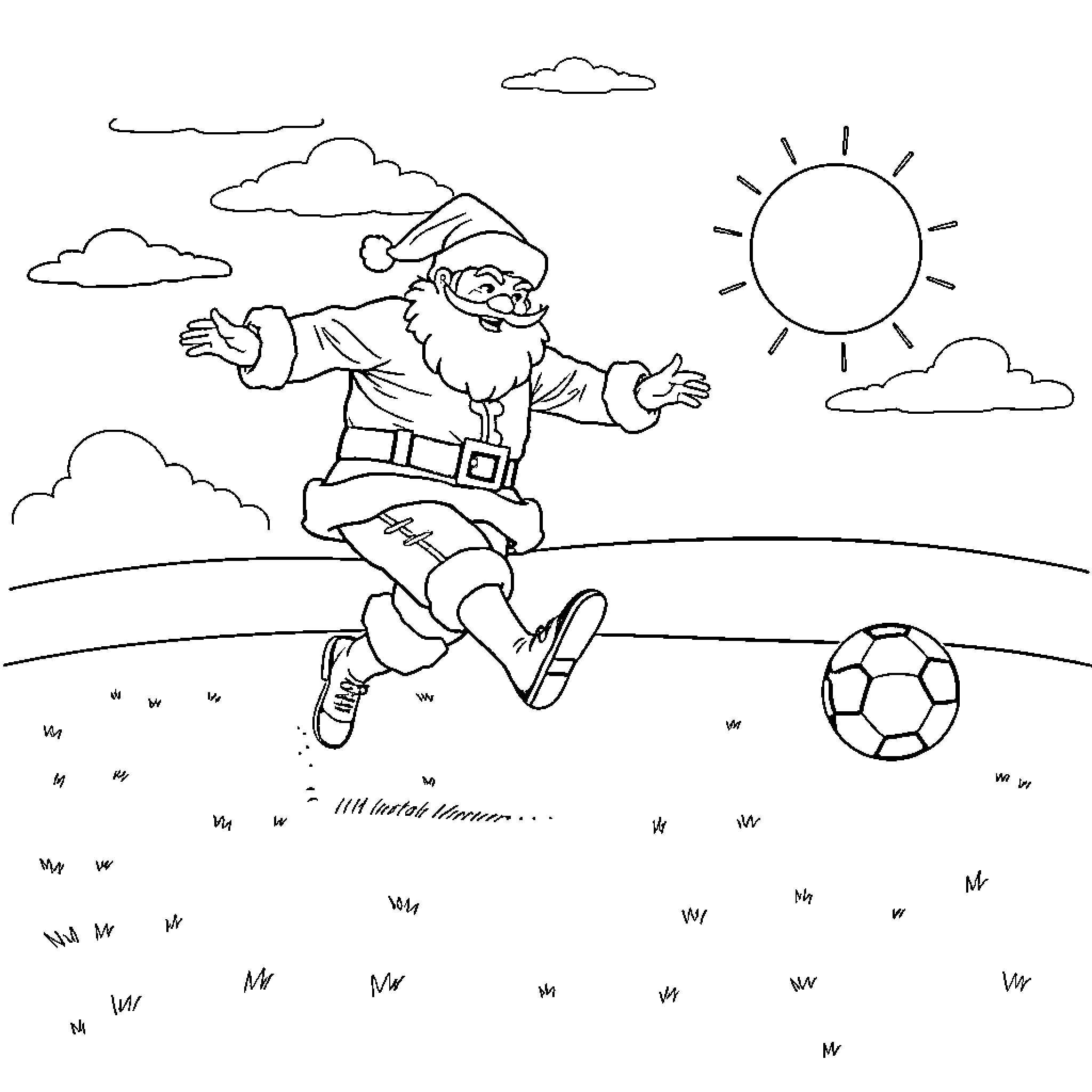 Santa kicking a soccer ball in the park Coloring Page (free black-and-white line drawing printable PDF for all, from beginners to advanced learners, including children, teens, adults, and seniors)