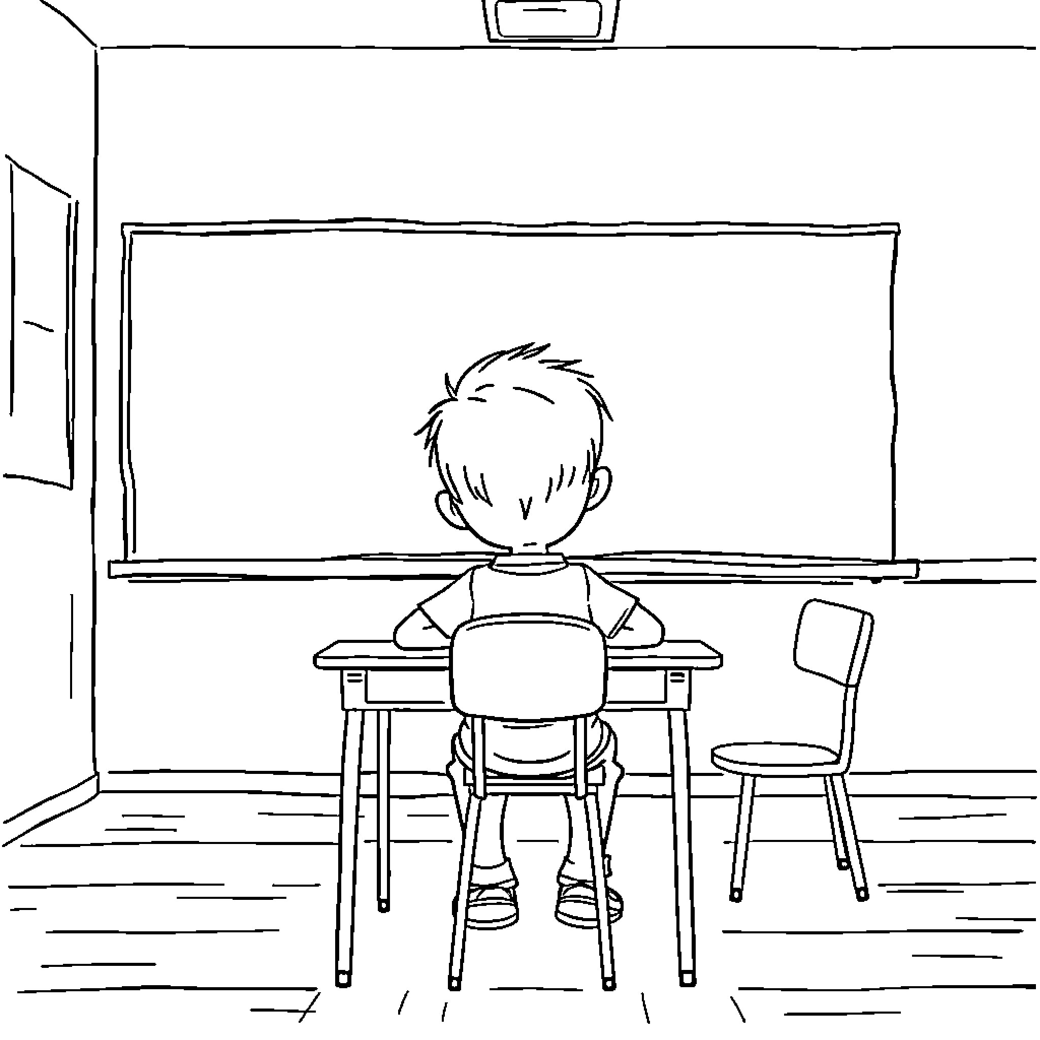 Kid studying intently at the desk in classroom Coloring Page (free black-and-white line drawing printable PDF for all, from beginners to advanced learners, including children, teens, adults, and seniors)