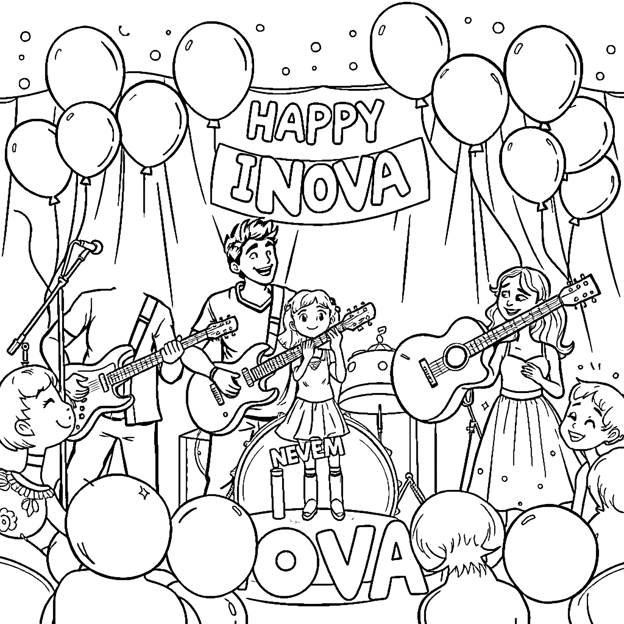 Band performing on stage with Happy I Nova banner Coloring Page (free black-and-white line drawing printable PDF for all, from beginners to advanced learners, including children, teens, adults, and seniors)