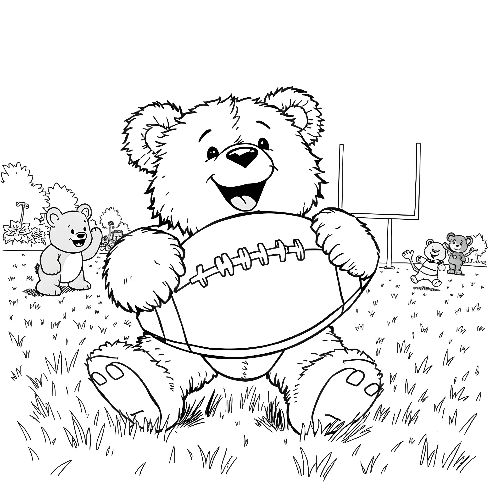 Teddy Bear Playing with Football in the Park Coloring Page (free black-and-white line drawing printable PDF for all, from beginners to advanced learners, including children, teens, adults, and seniors)