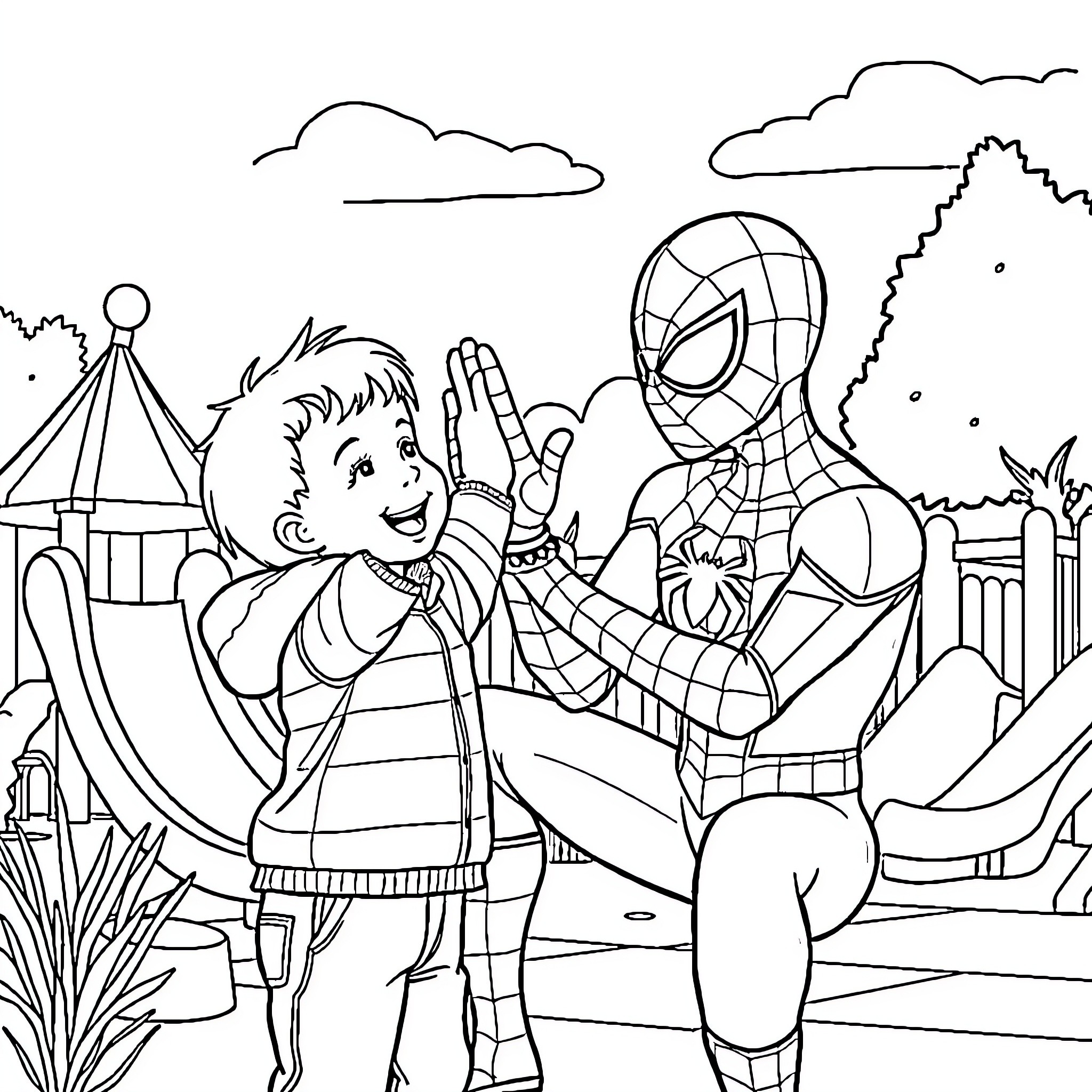 Spiderman helping a young boy in the park Coloring Page (free black-and-white line drawing printable PDF for all, from beginners to advanced learners, including children, teens, adults, and seniors)