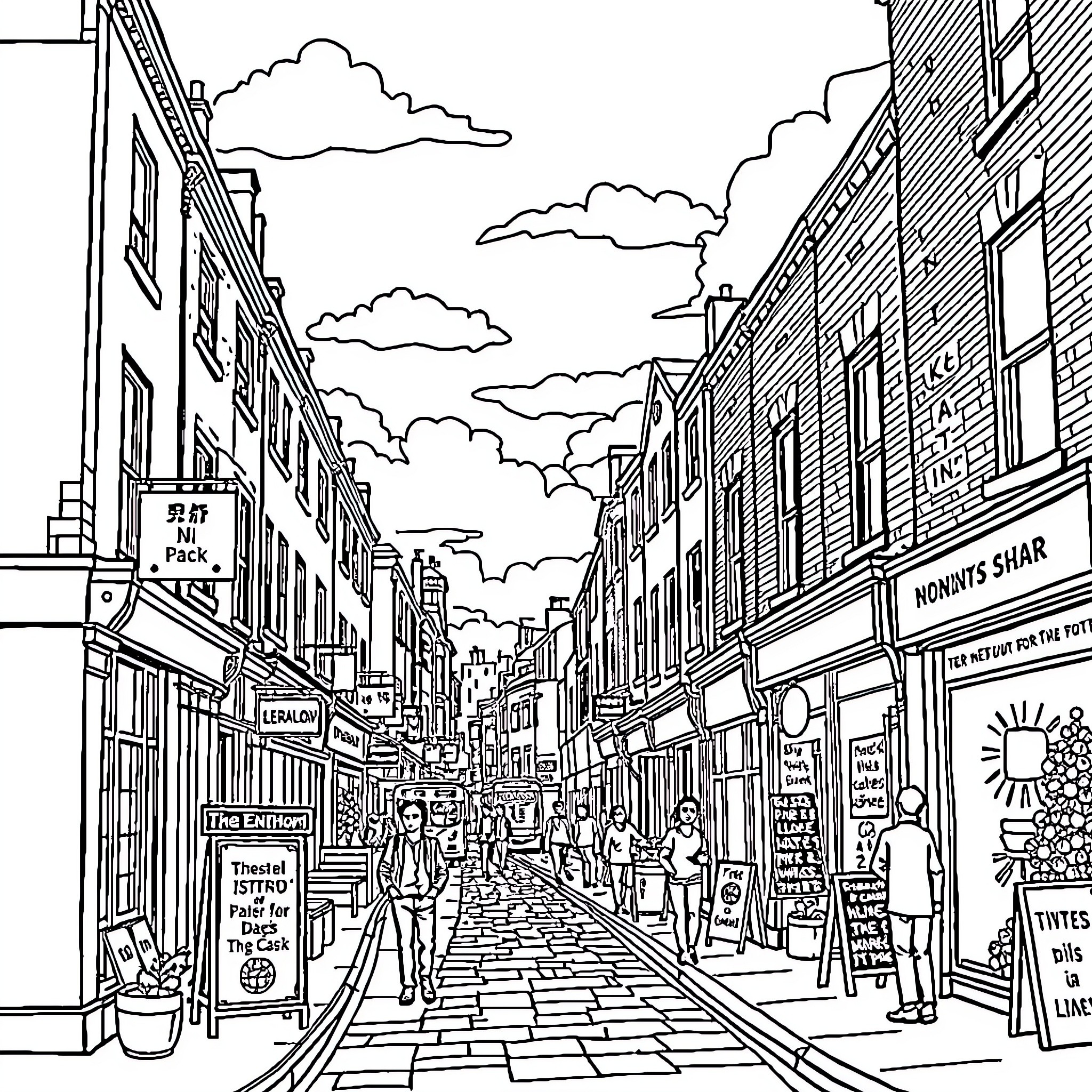 Tottenham Street Scene with Lively Activity Coloring Page (free black-and-white line drawing printable PDF for all, from beginners to advanced learners, including children, teens, adults, and seniors)