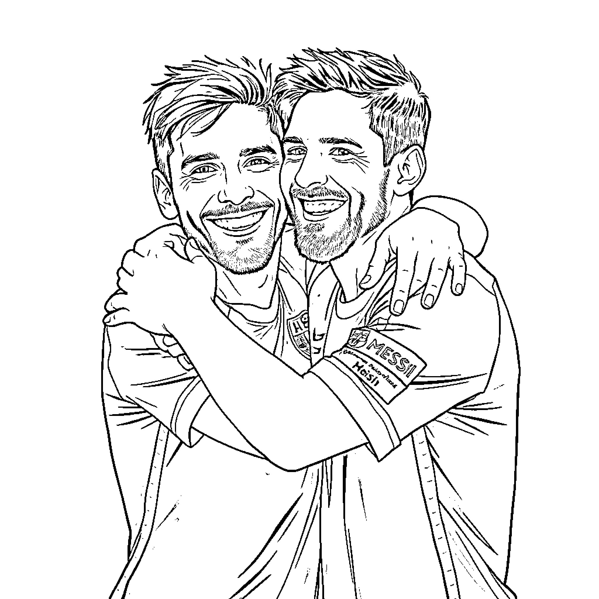 Leo Messi embracing with teammate in celebration Coloring Page (free black-and-white line drawing printable PDF for all, from beginners to advanced learners, including children, teens, adults, and seniors)