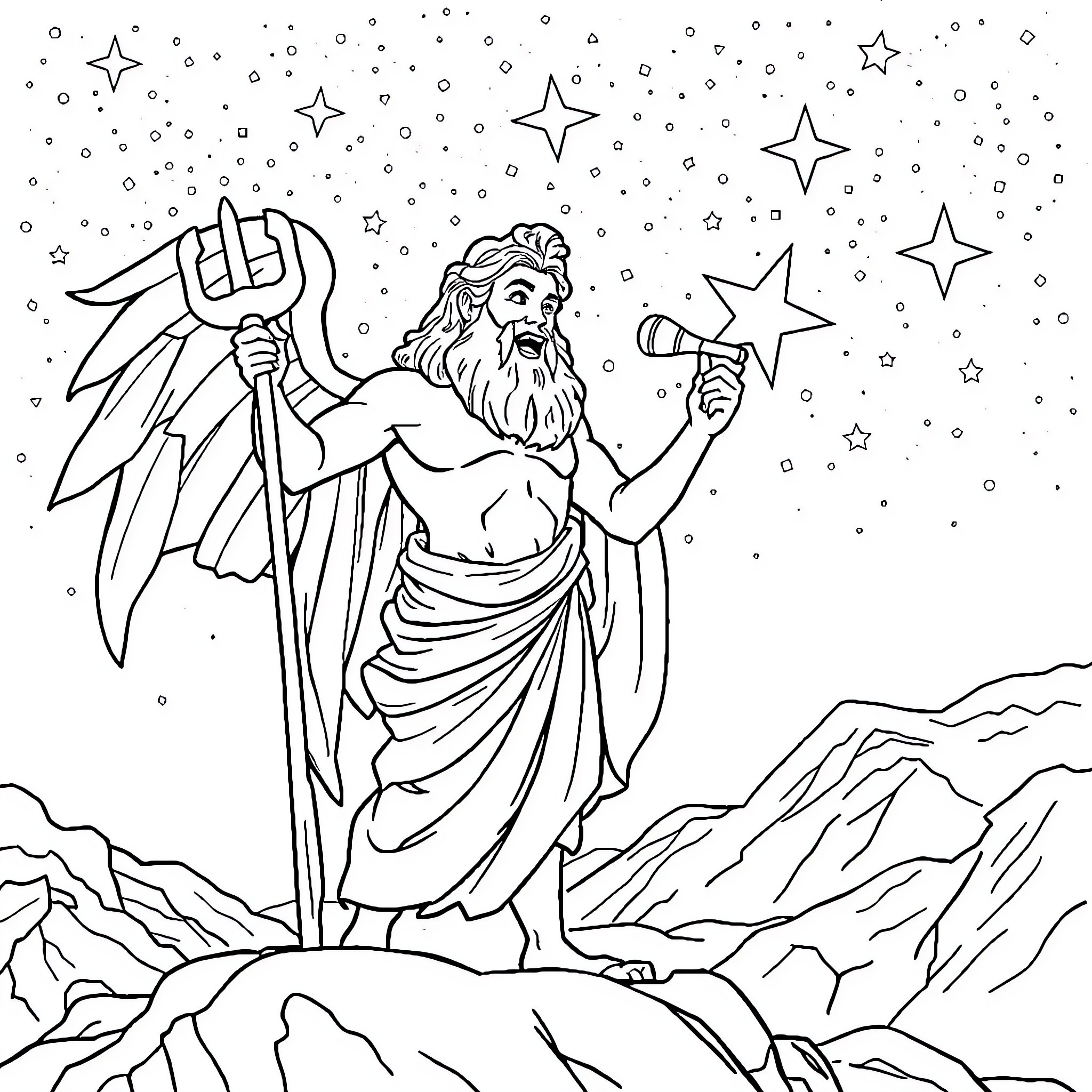 Hermes, the Messenger, Summons the Stars Coloring Page (free black-and-white line drawing printable PDF for all, from beginners to advanced learners, including children, teens, adults, and seniors)