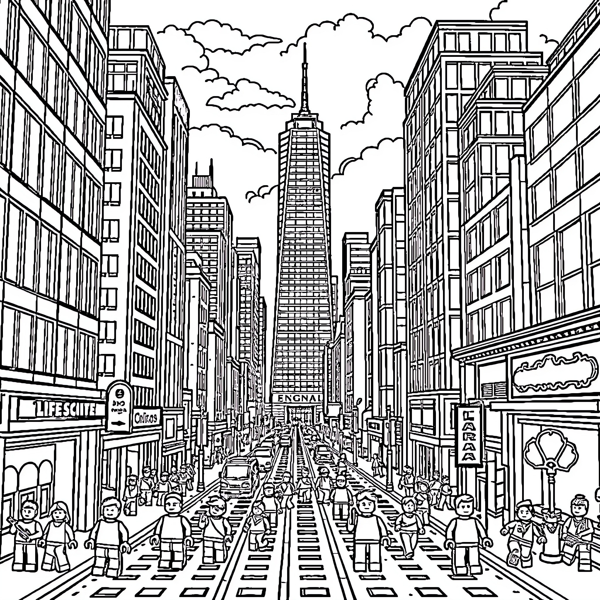 Lego Figures in a Bustling City Landscape Coloring Page (free black-and-white line drawing printable PDF for all, from beginners to advanced learners, including children, teens, adults, and seniors)