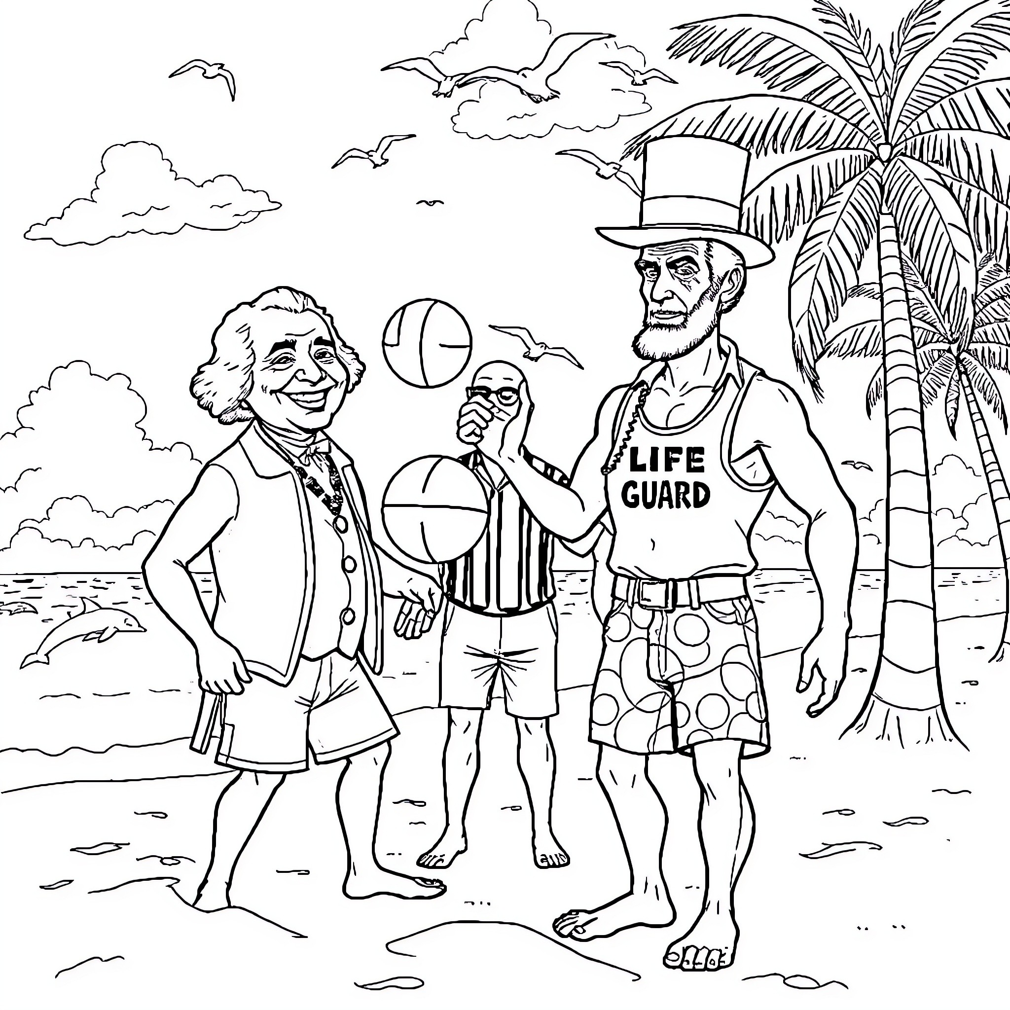 George Washington Lifeguards on Tropical Beach Coloring Page (free black-and-white line drawing printable PDF for all, from beginners to advanced learners, including children, teens, adults, and seniors)