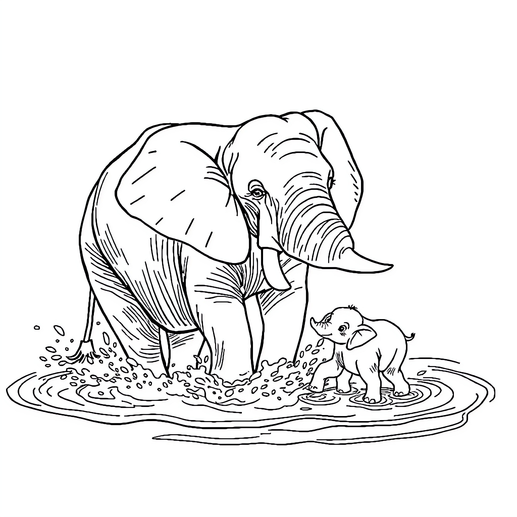 Elephant and calf playing in water Coloring Page (free black-and-white line drawing printable PDF for all, from beginners to advanced learners, including children, teens, adults, and seniors)
