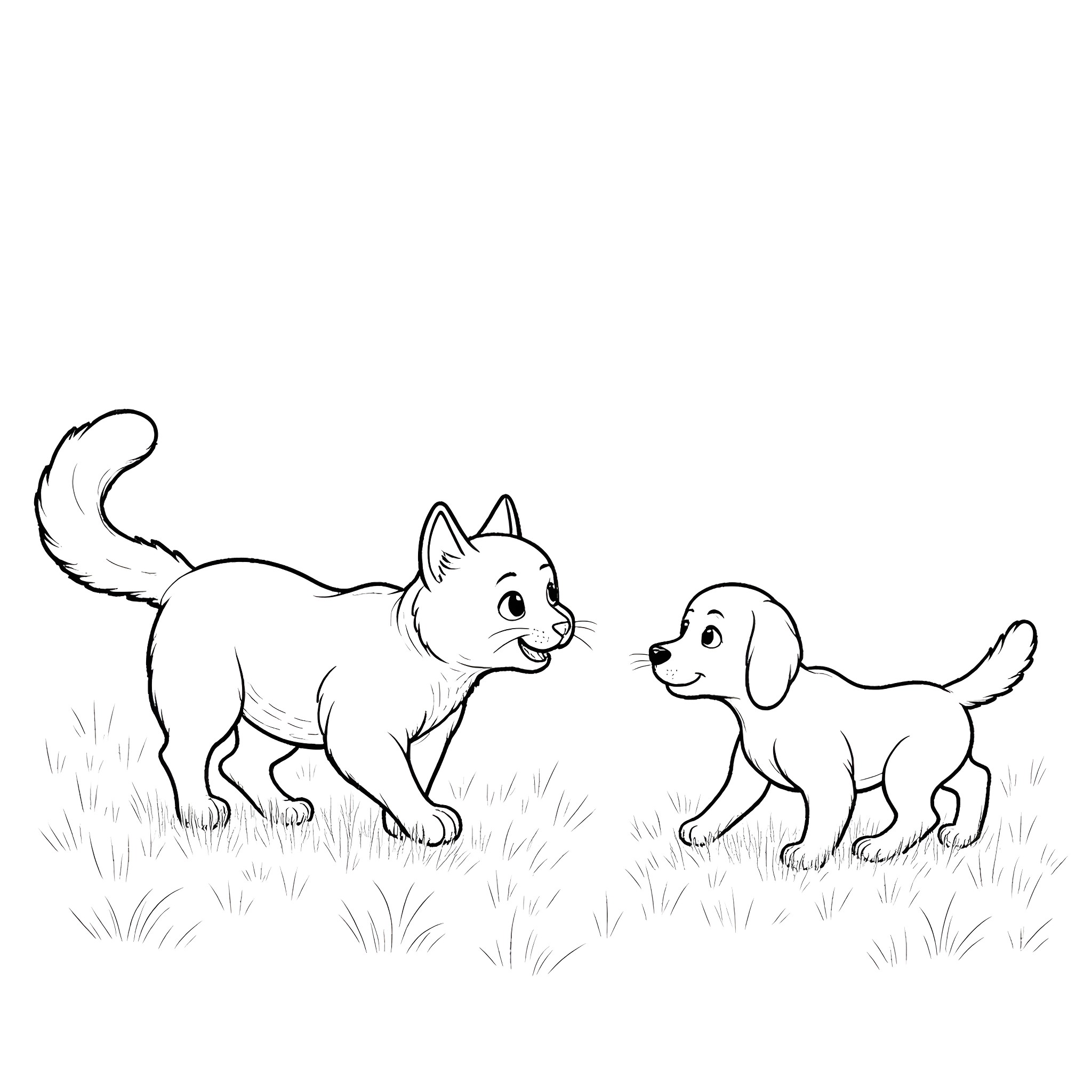 Cat and puppy playing in the field Coloring Page (free black-and-white line drawing printable PDF for all, from beginners to advanced learners, including children, teens, adults, and seniors)