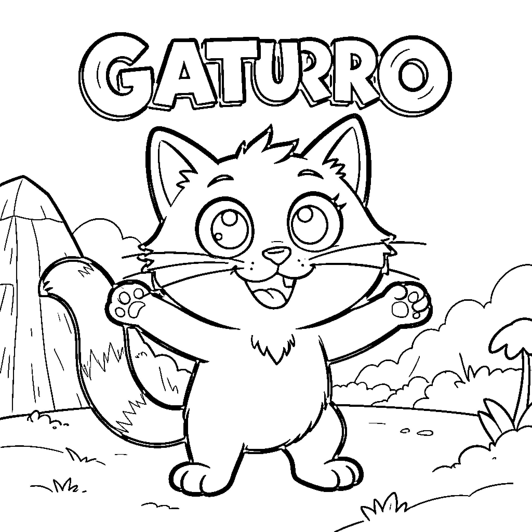 Gaturro the Cheerful Cat in the Outdoors Coloring Page (free black-and-white line drawing printable PDF for all, from beginners to advanced learners, including children, teens, adults, and seniors)