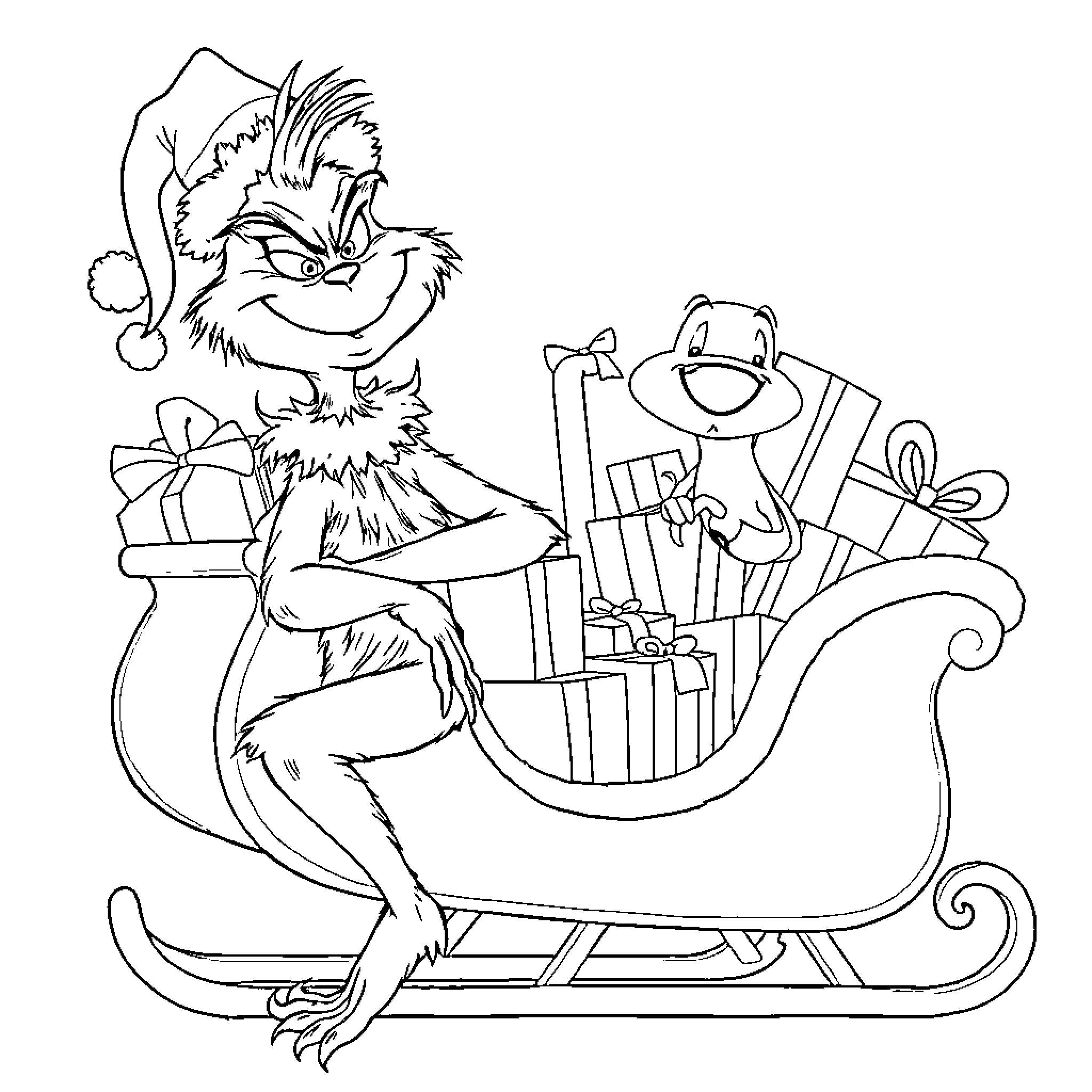 Grinch enjoying Christmas gifts in sleigh Coloring Page (free black-and-white line drawing printable PDF for all, from beginners to advanced learners, including children, teens, adults, and seniors)