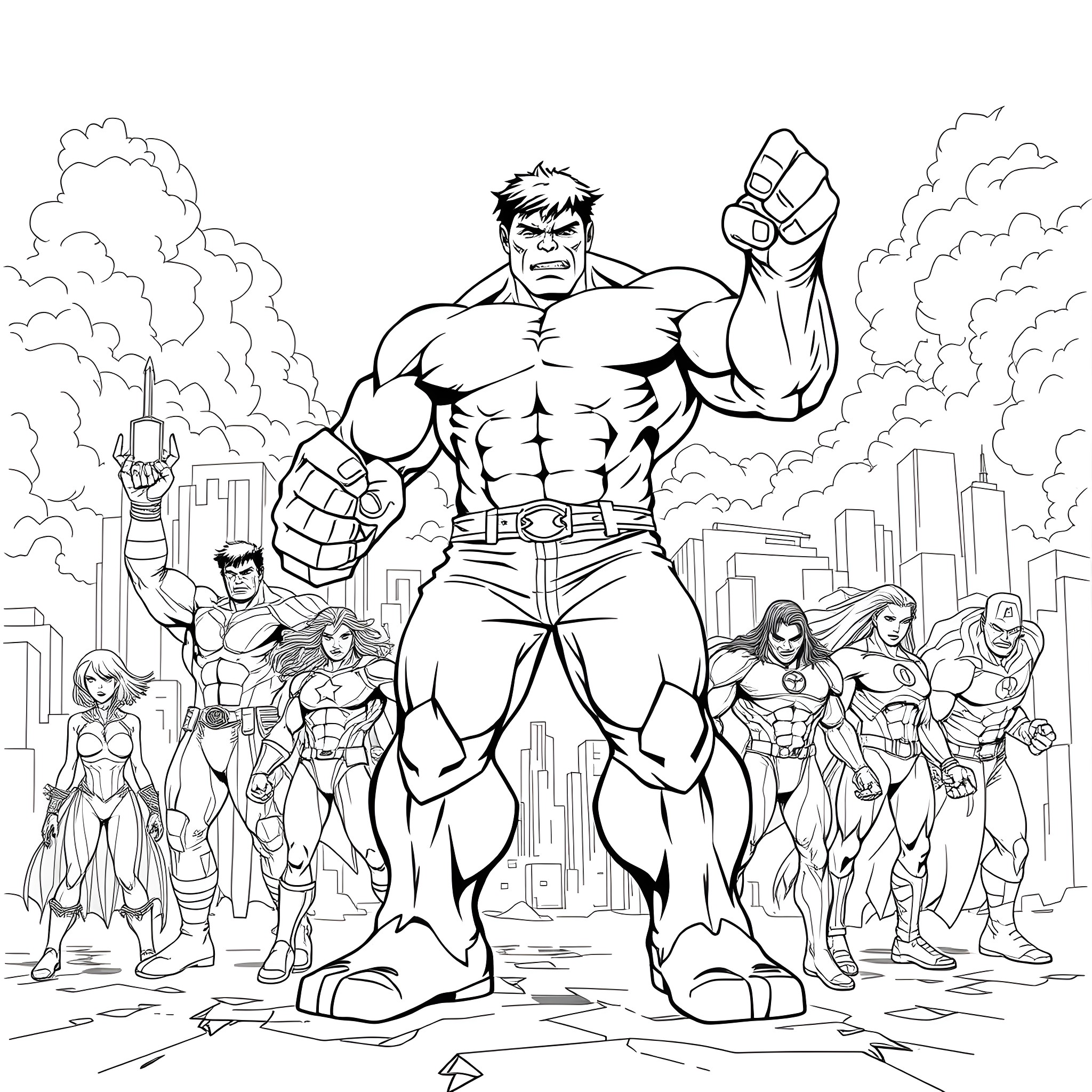 Hulk leading superhero team in city Coloring Page (free black-and-white line drawing printable PDF for all, from beginners to advanced learners, including children, teens, adults, and seniors)