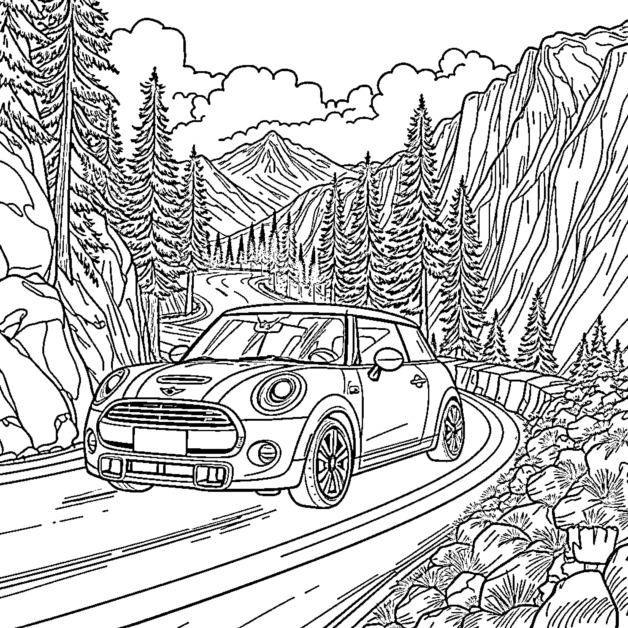 Mini Cooper driving through mountainous forest landscape Coloring Page (free black-and-white line drawing printable PDF for all, from beginners to advanced learners, including children, teens, adults, and seniors)