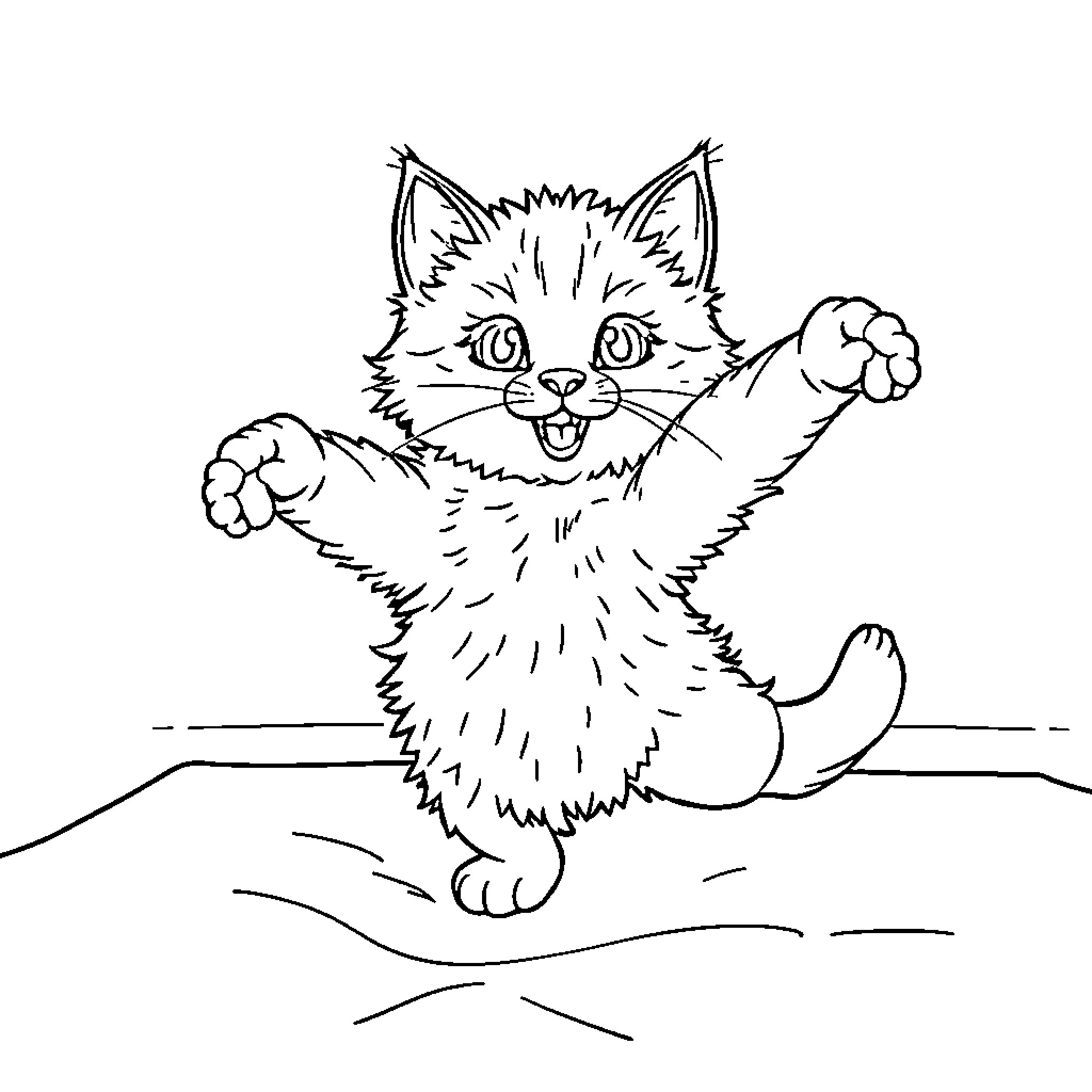 Kitty playfully stretching its paws Coloring Page (free black-and-white line drawing printable PDF for all, from beginners to advanced learners, including children, teens, adults, and seniors)