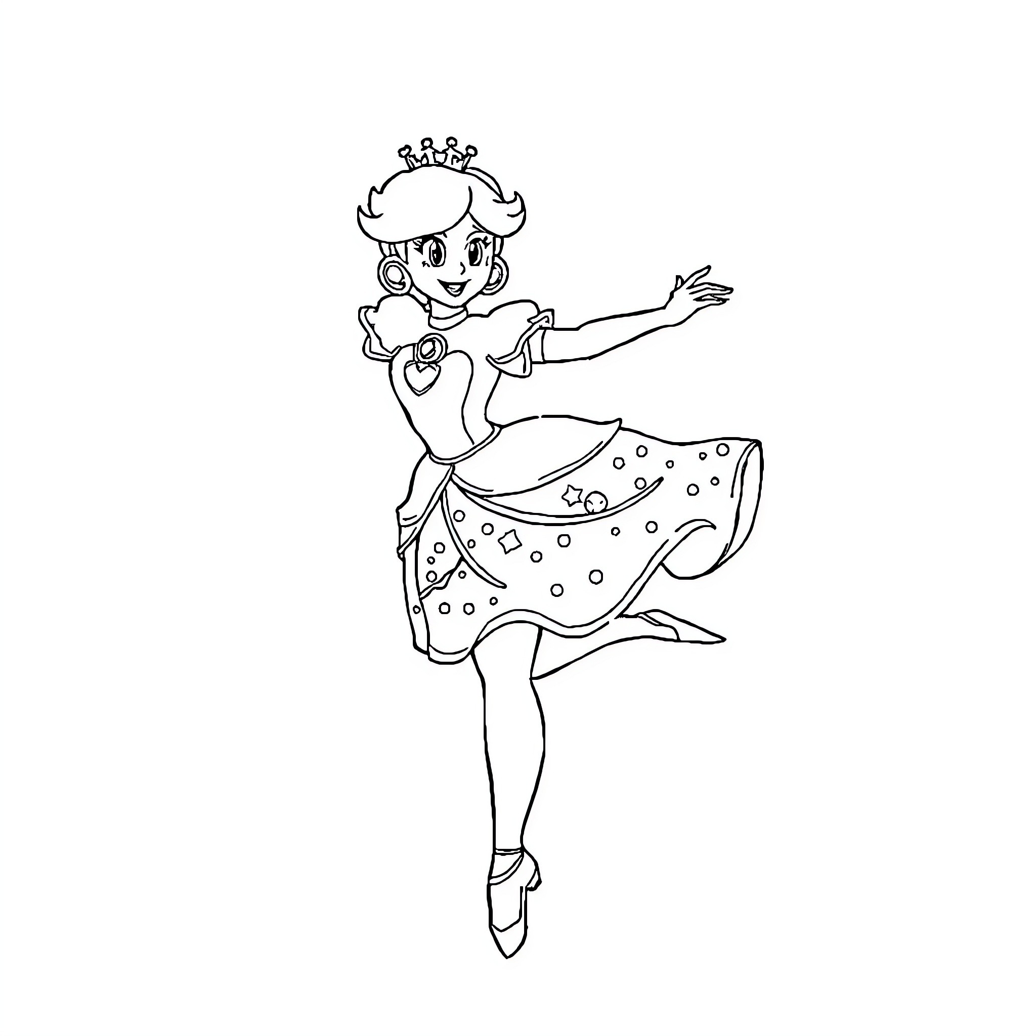 Princess Peach dancing gracefully in her dress Coloring Page (free black-and-white line drawing printable PDF for all, from beginners to advanced learners, including children, teens, adults, and seniors)
