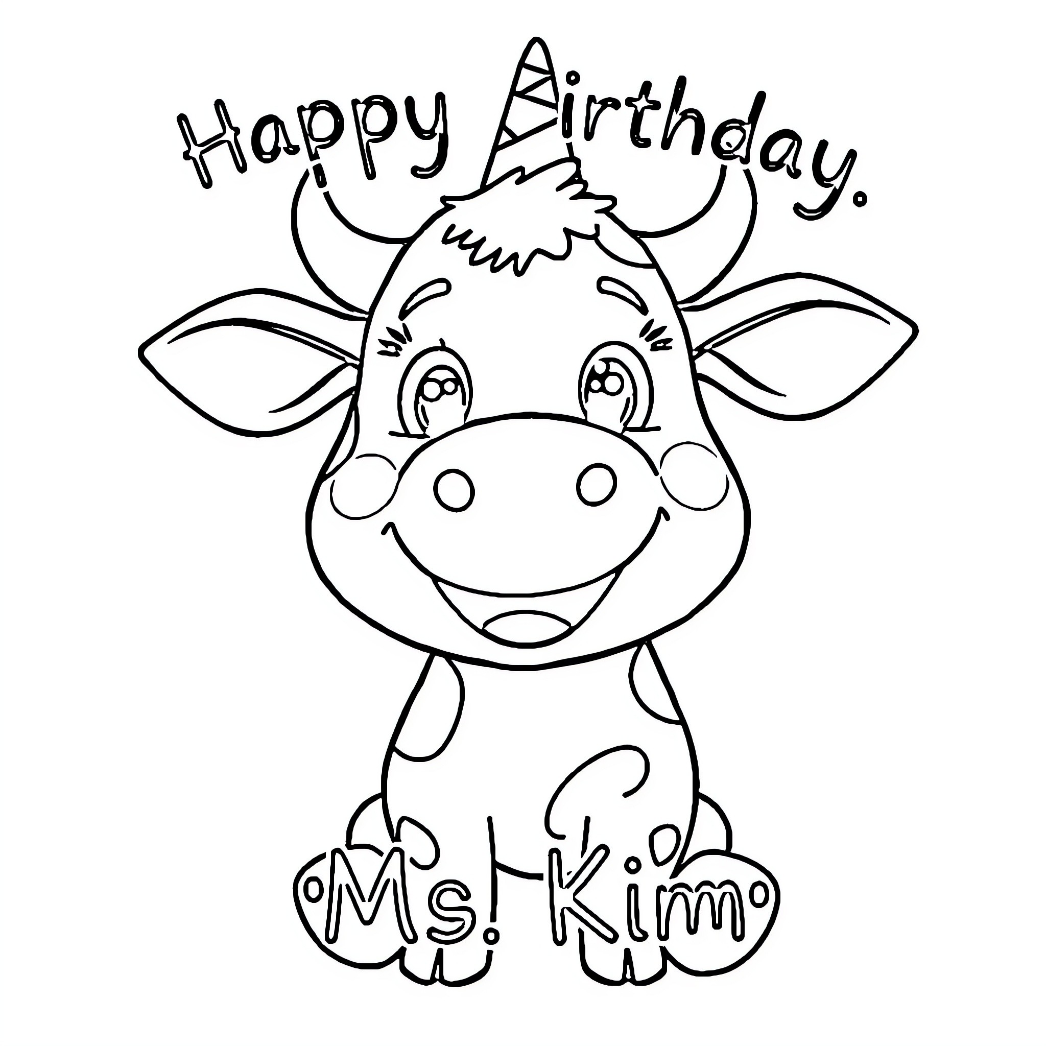 Cow with birthday hat celebrating happy birthday Coloring Page (free black-and-white line drawing printable PDF for all, from beginners to advanced learners, including children, teens, adults, and seniors)