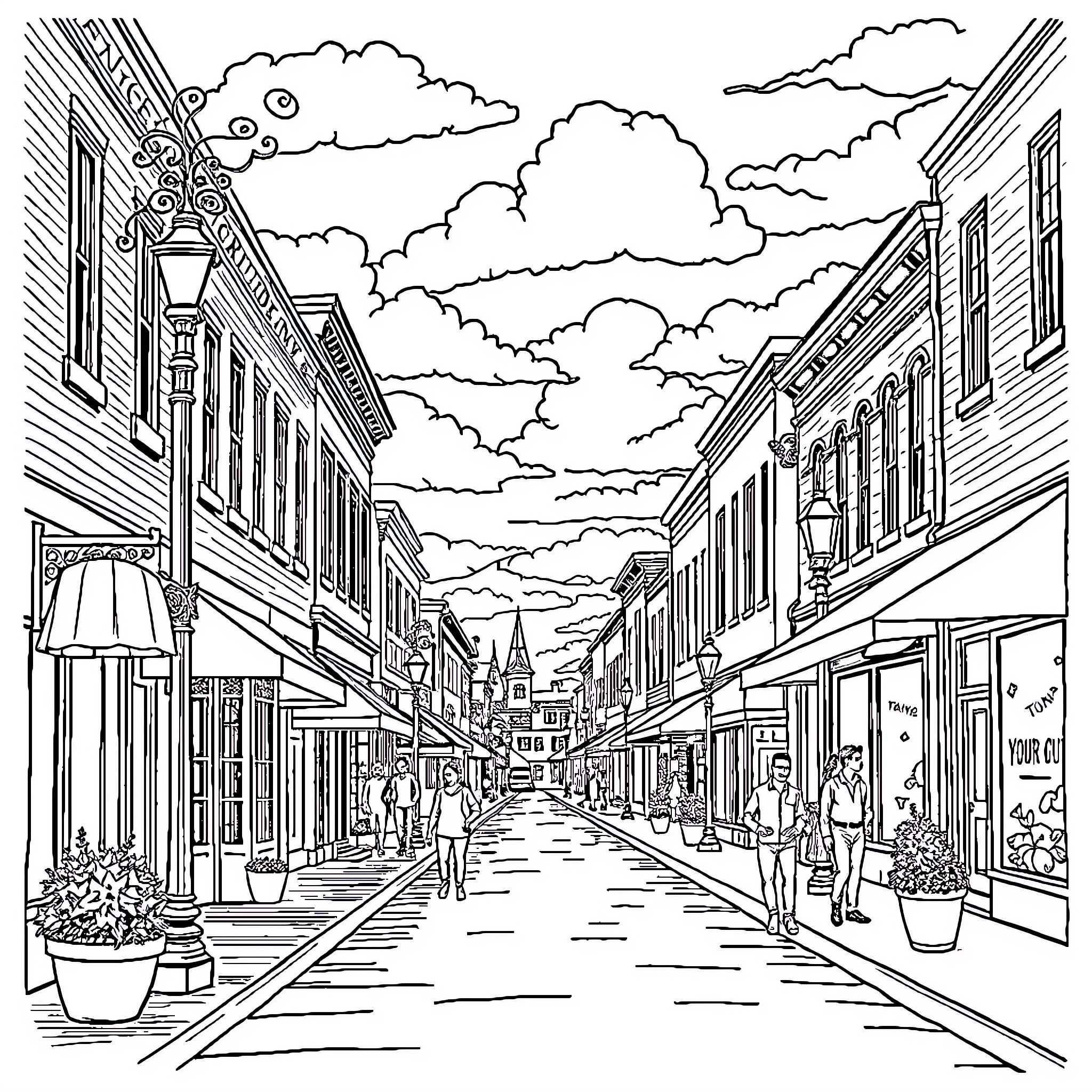 Angola Street Scene with Architectural Elements Coloring Page (free black-and-white line drawing printable PDF for all, from beginners to advanced learners, including children, teens, adults, and seniors)
