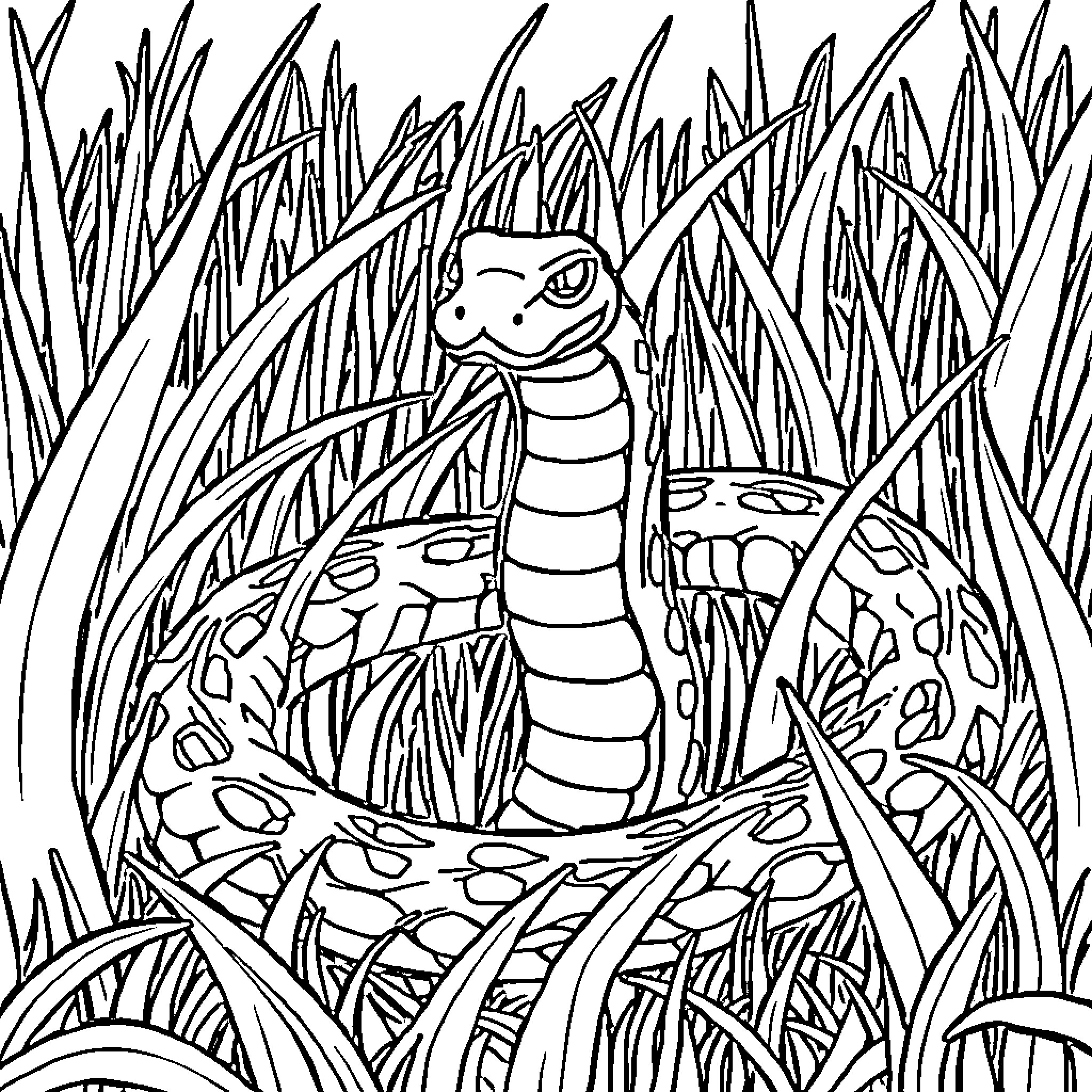 Snake hiding in tall grass Coloring Page (free black-and-white line drawing printable PDF for all, from beginners to advanced learners, including children, teens, adults, and seniors)