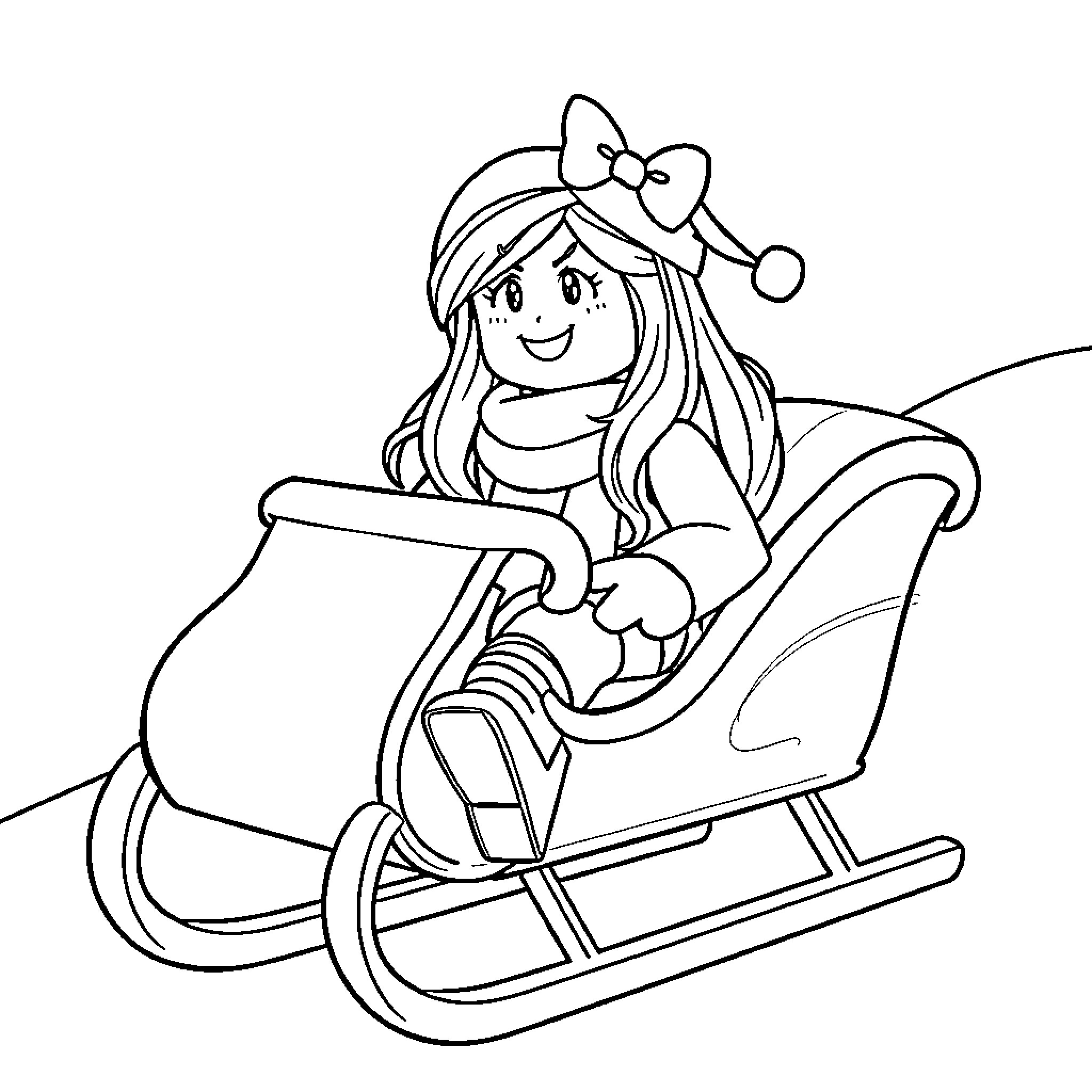 Roblox Girl enjoying a sleigh ride Coloring Page (free black-and-white line drawing printable PDF for all, from beginners to advanced learners, including children, teens, adults, and seniors)