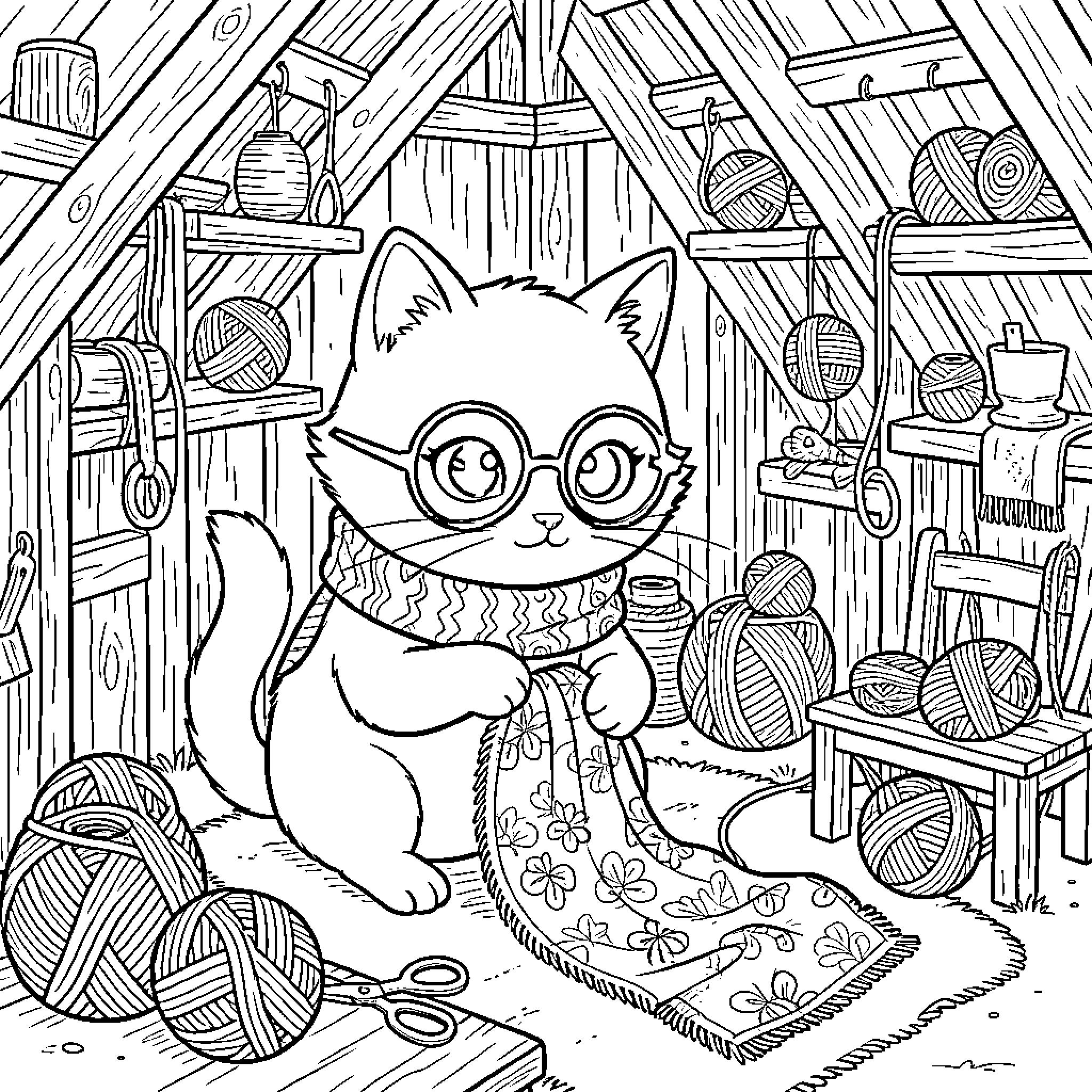 Cat enjoying a cozy knitting session in the attic Coloring Page (free black-and-white line drawing printable PDF for all, from beginners to advanced learners, including children, teens, adults, and seniors)