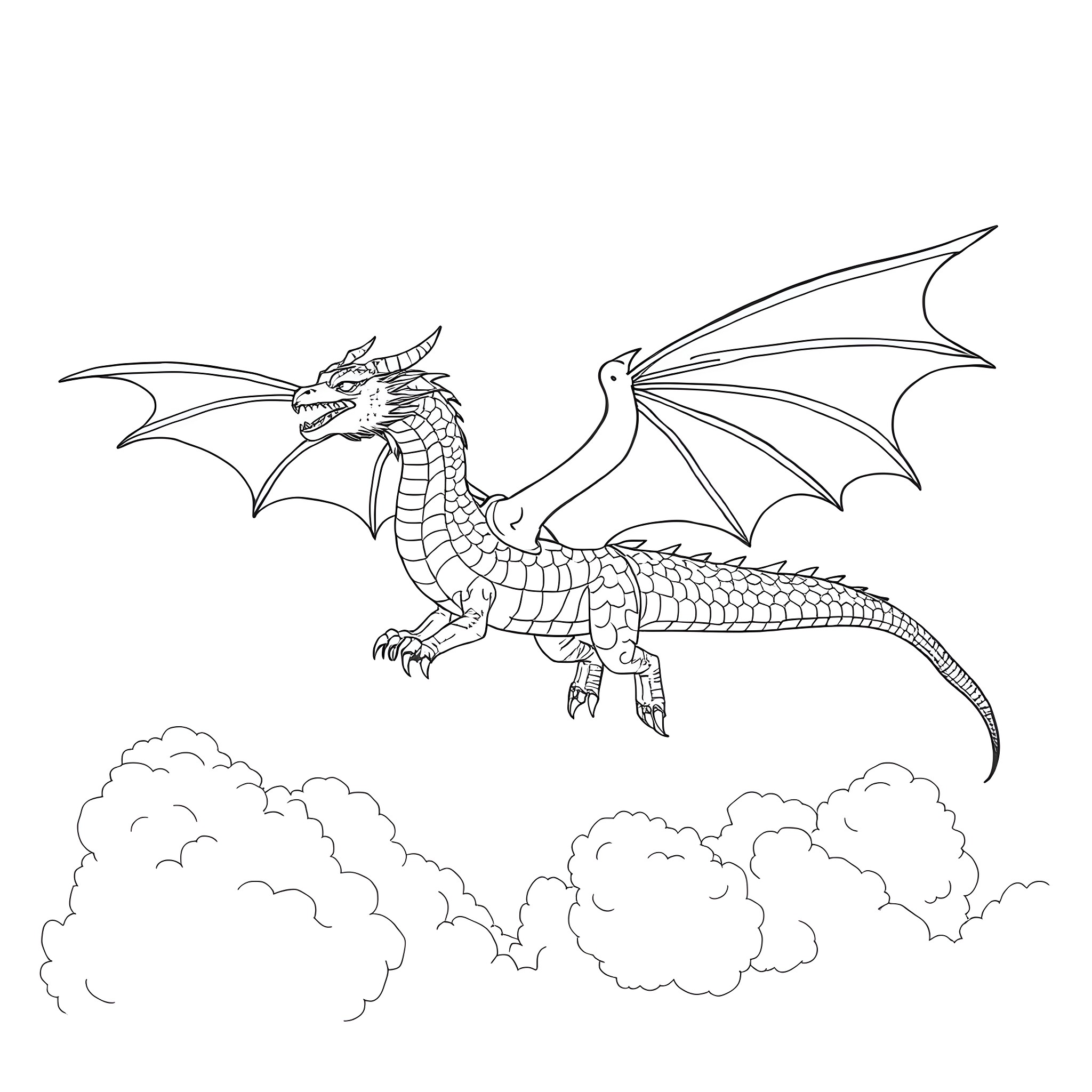 Dragon soaring through the clouds Coloring Page (free black-and-white line drawing printable PDF for all, from beginners to advanced learners, including children, teens, adults, and seniors)