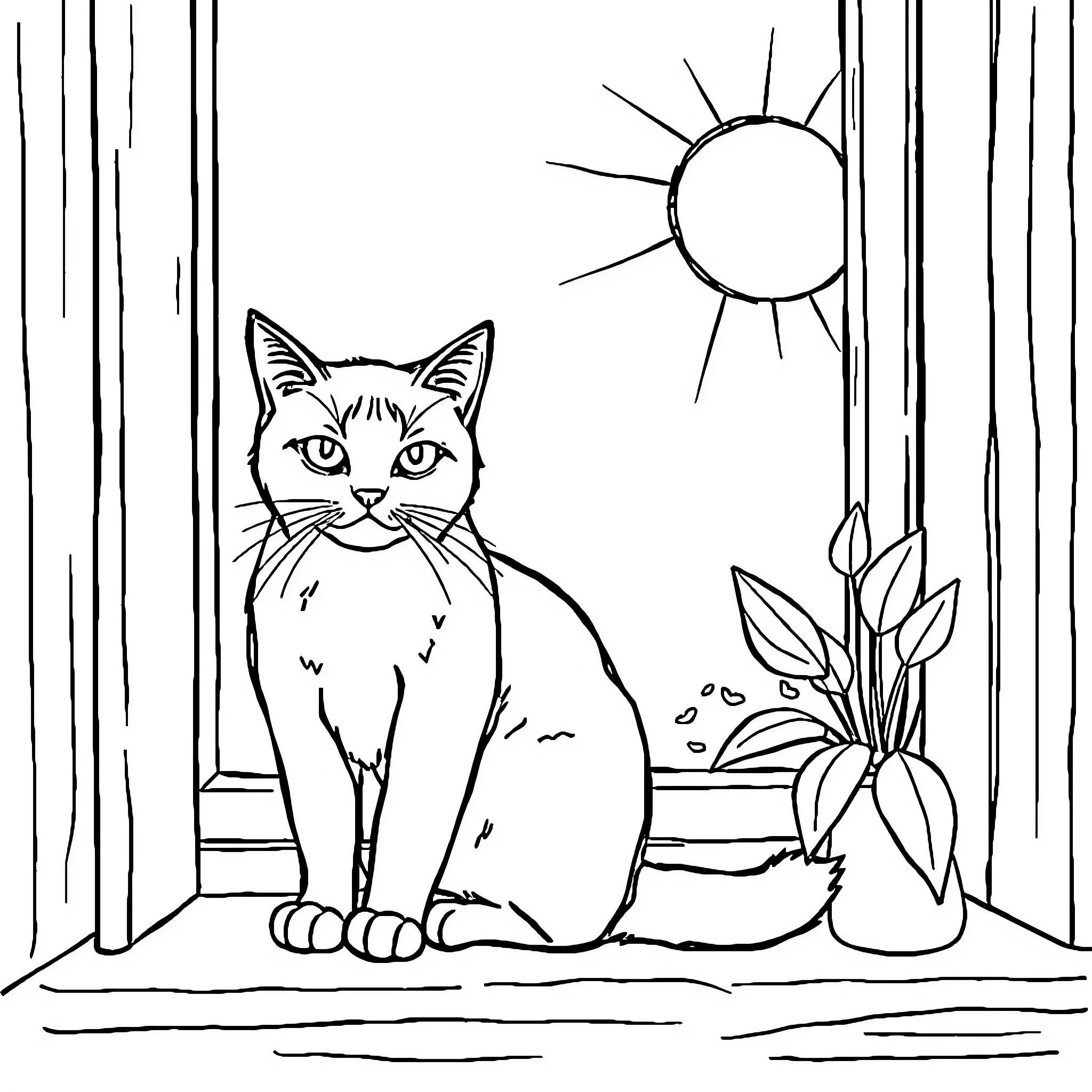 Cat sitting calmly in serene garden scene Coloring Page (free black-and-white line drawing printable PDF for all, from beginners to advanced learners, including children, teens, adults, and seniors)