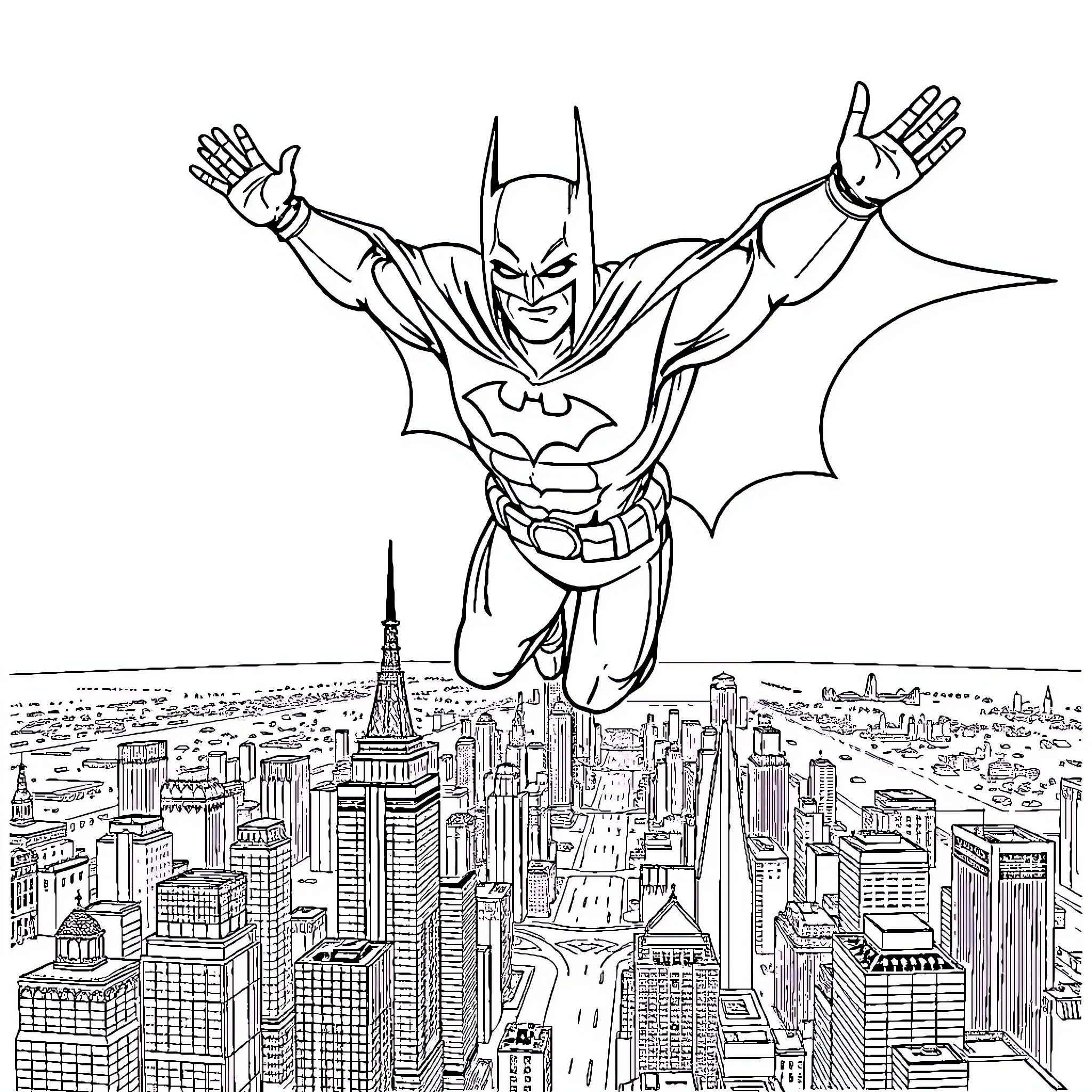 Batman soaring over the city skyline Coloring Page (free black-and-white line drawing printable PDF for all, from beginners to advanced learners, including children, teens, adults, and seniors)