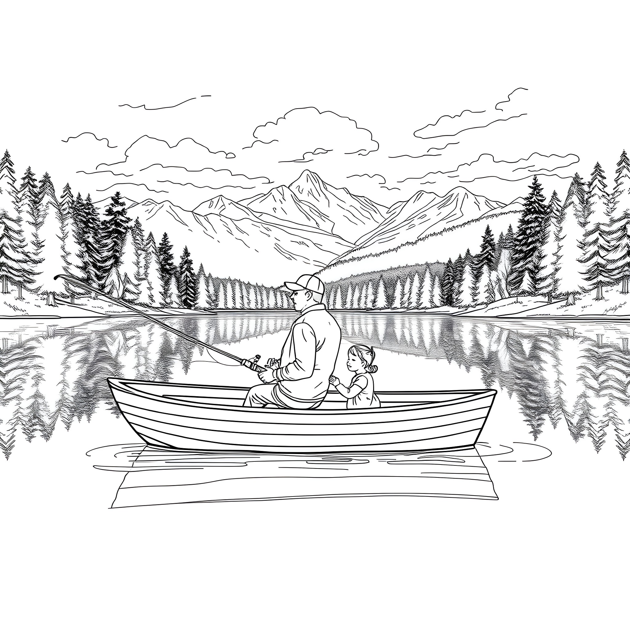 Guy fishing with child on a peaceful lake Coloring Page (free black-and-white line drawing printable PDF for all, from beginners to advanced learners, including children, teens, adults, and seniors)