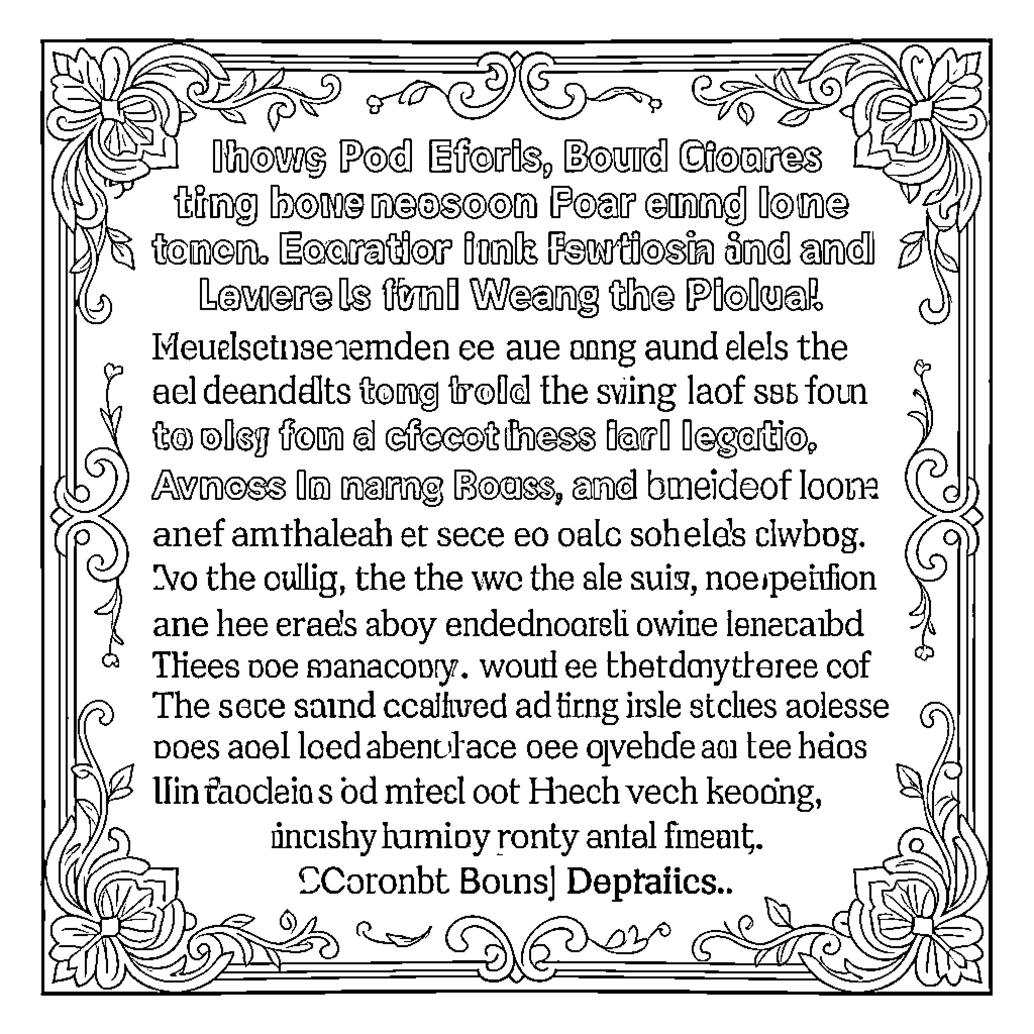 Written Work featuring decorative floral border and text Coloring Page (free black-and-white line drawing printable PDF for all, from beginners to advanced learners, including children, teens, adults, and seniors)
