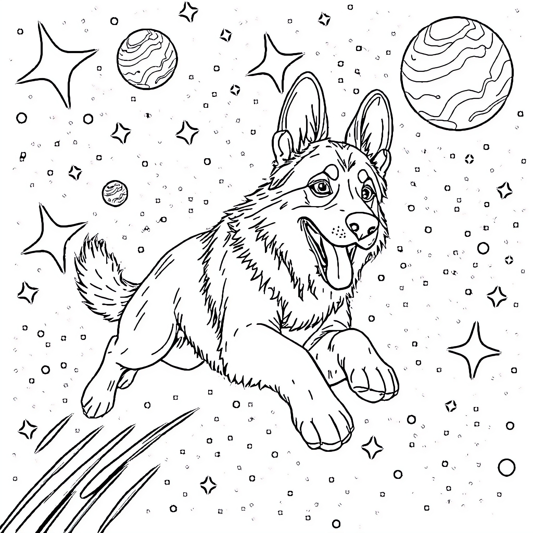 German Shepherd puppy exploring the cosmos Coloring Page (free black-and-white line drawing printable PDF for all, from beginners to advanced learners, including children, teens, adults, and seniors)