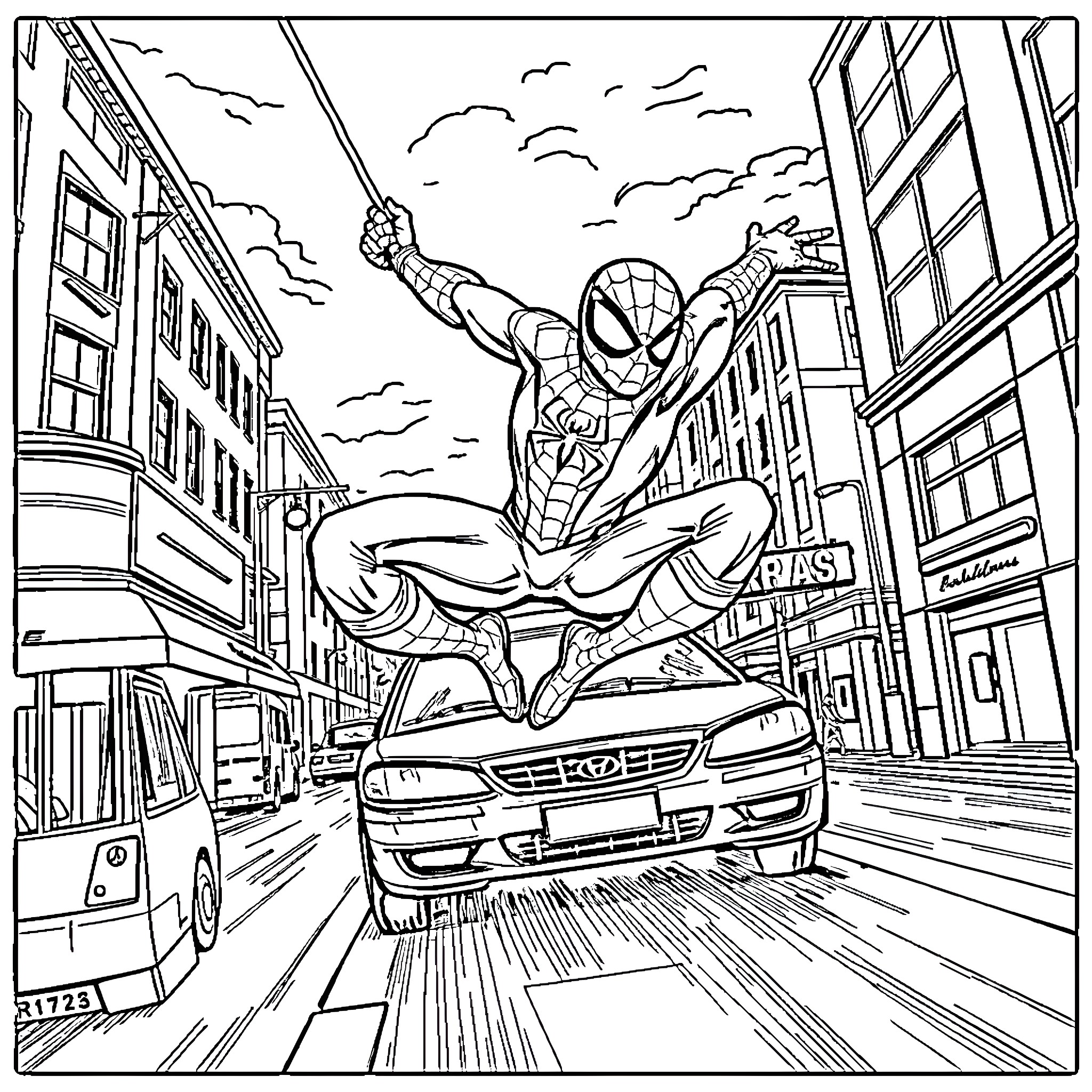 Spider-Man swinging through the city streets Coloring Page (free black-and-white line drawing printable PDF for all, from beginners to advanced learners, including children, teens, adults, and seniors)
