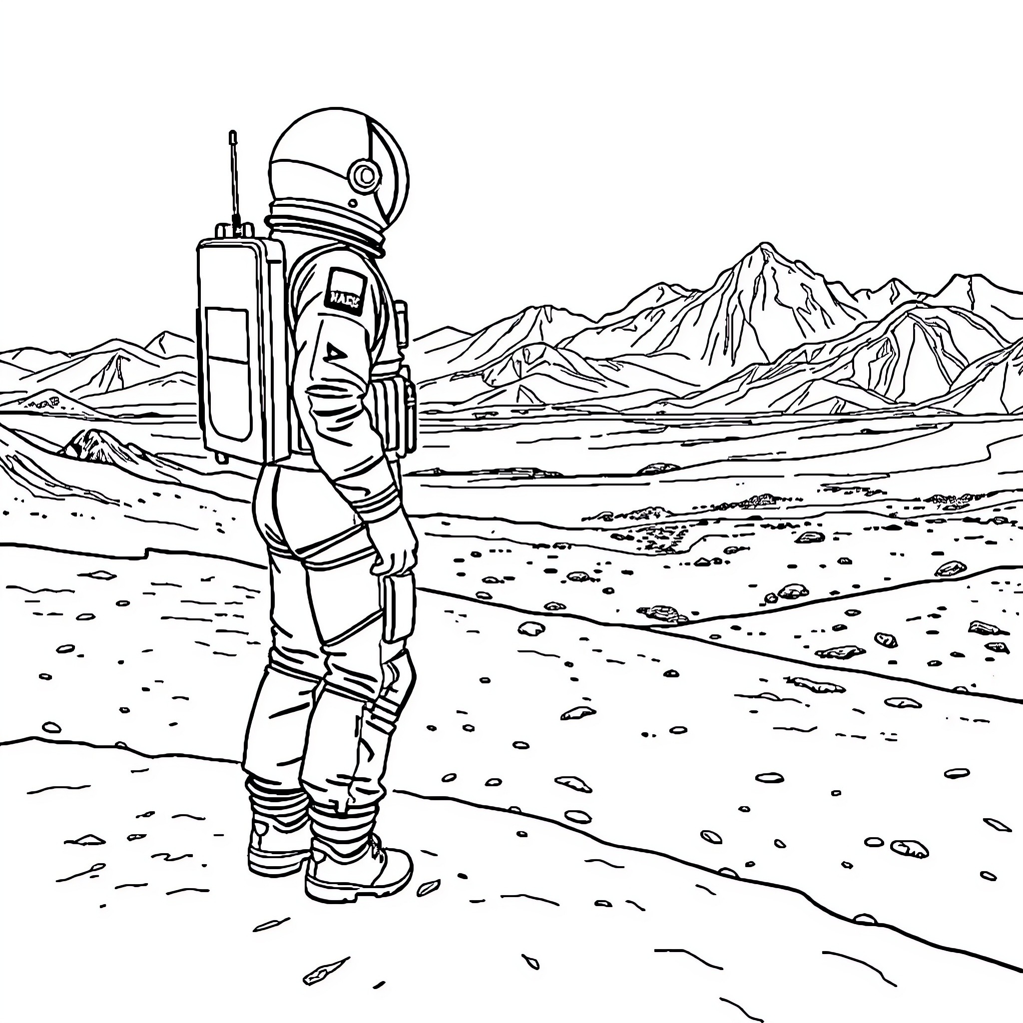 Astronaut exploring the alien landscape Coloring Page (free black-and-white line drawing printable PDF for all, from beginners to advanced learners, including children, teens, adults, and seniors)