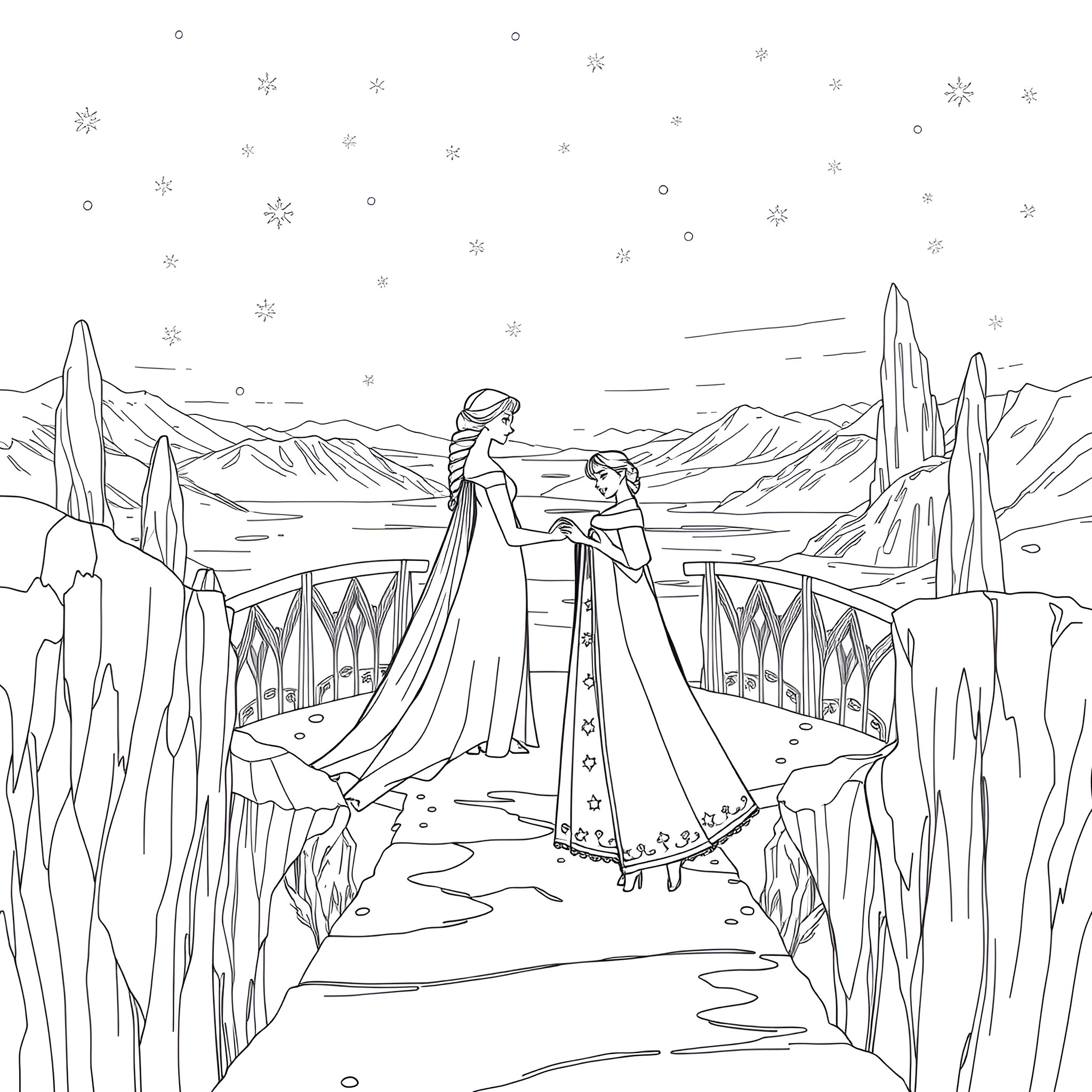 Elsa and Anna walk across a snowy bridge Coloring Page (free black-and-white line drawing printable PDF for all, from beginners to advanced learners, including children, teens, adults, and seniors)