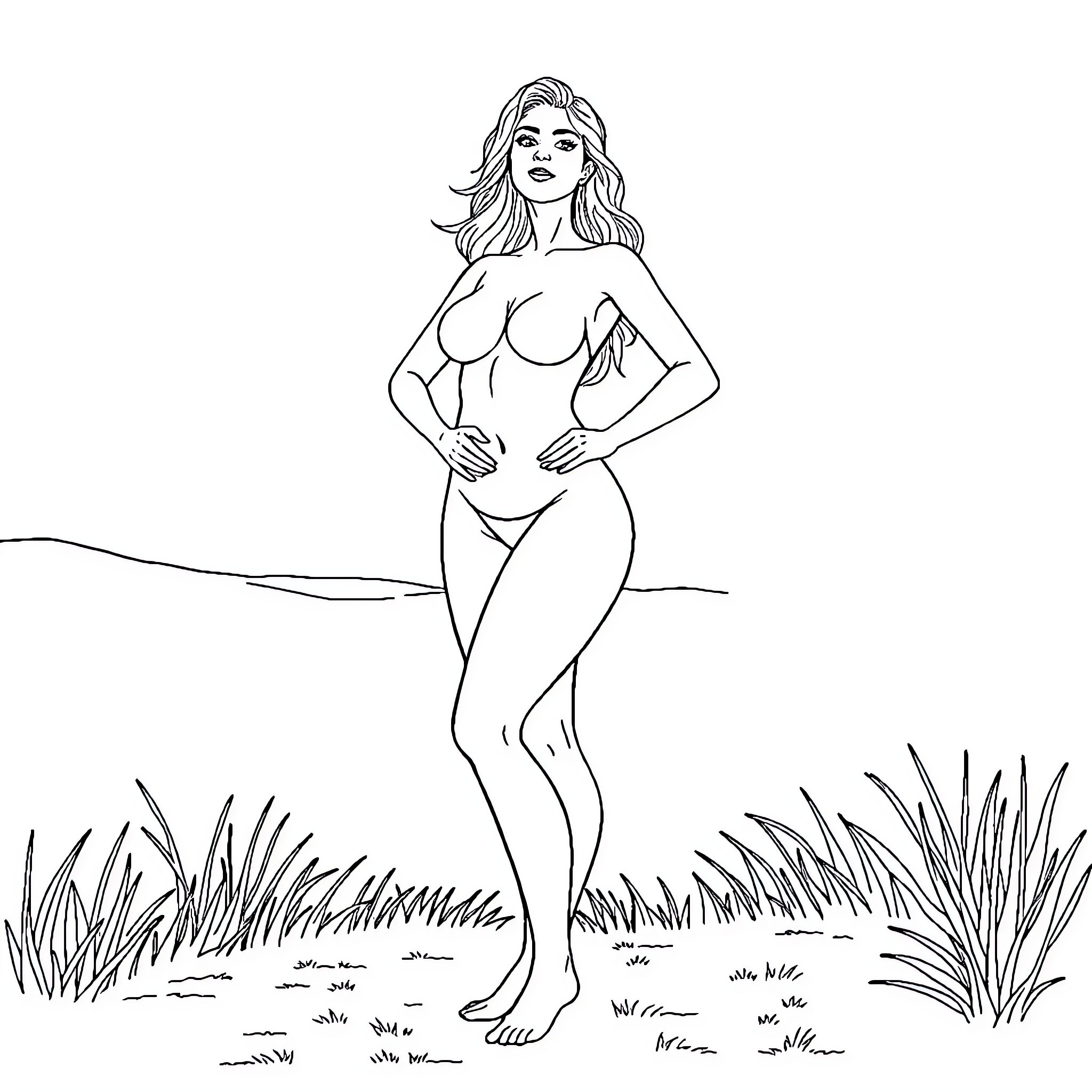 Girl standing confidently in nature Coloring Page (free black-and-white line drawing printable PDF for all, from beginners to advanced learners, including children, teens, adults, and seniors)