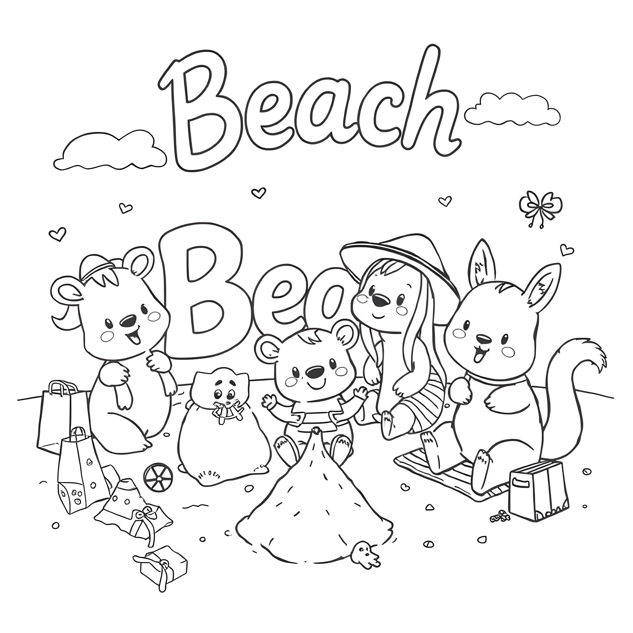 Animal beach party with cute characters Coloring Page (free black-and-white line drawing printable PDF for all, from beginners to advanced learners, including children, teens, adults, and seniors)
