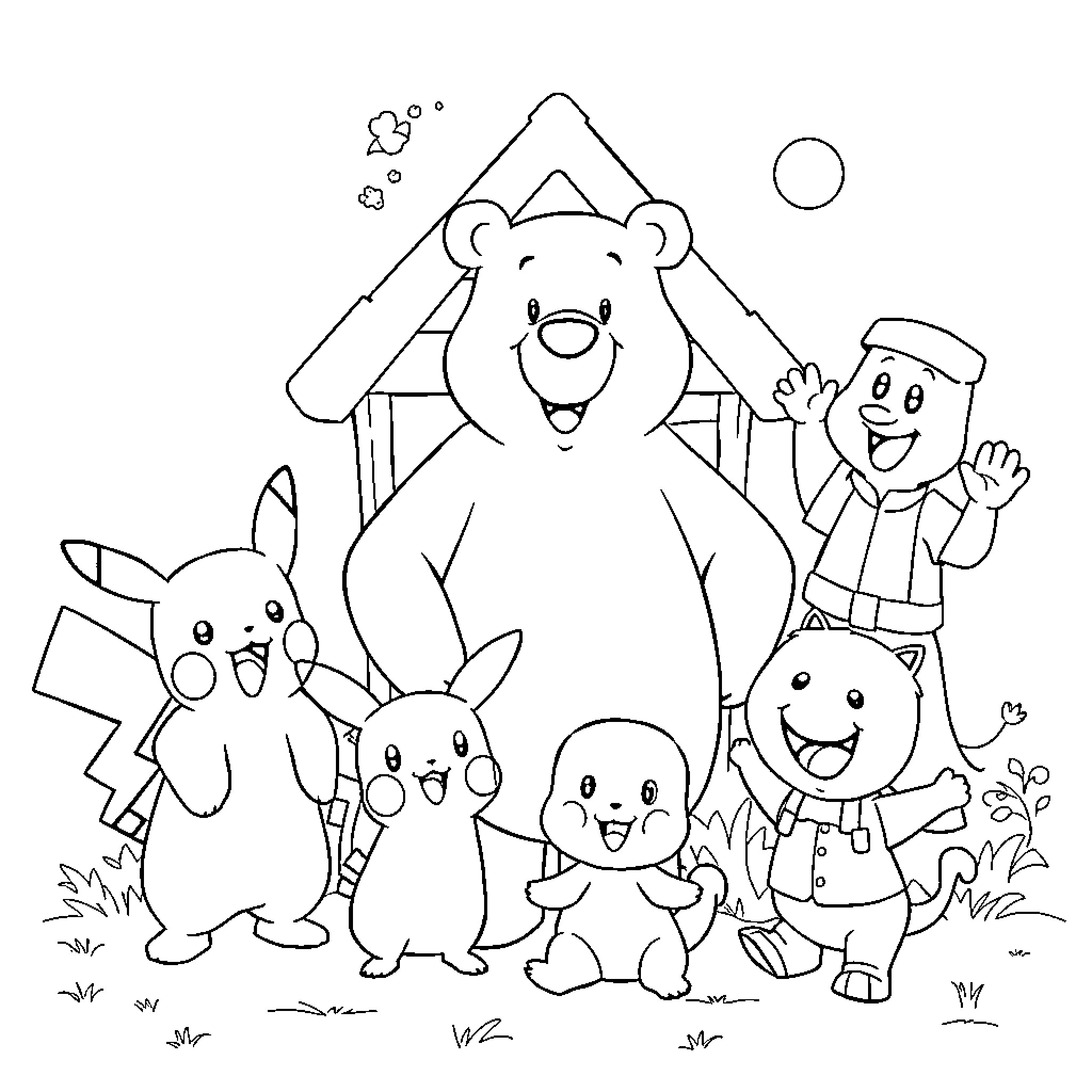 Character illustration of cartoon animals in nature scene Coloring Page (free black-and-white line drawing printable PDF for all, from beginners to advanced learners, including children, teens, adults, and seniors)