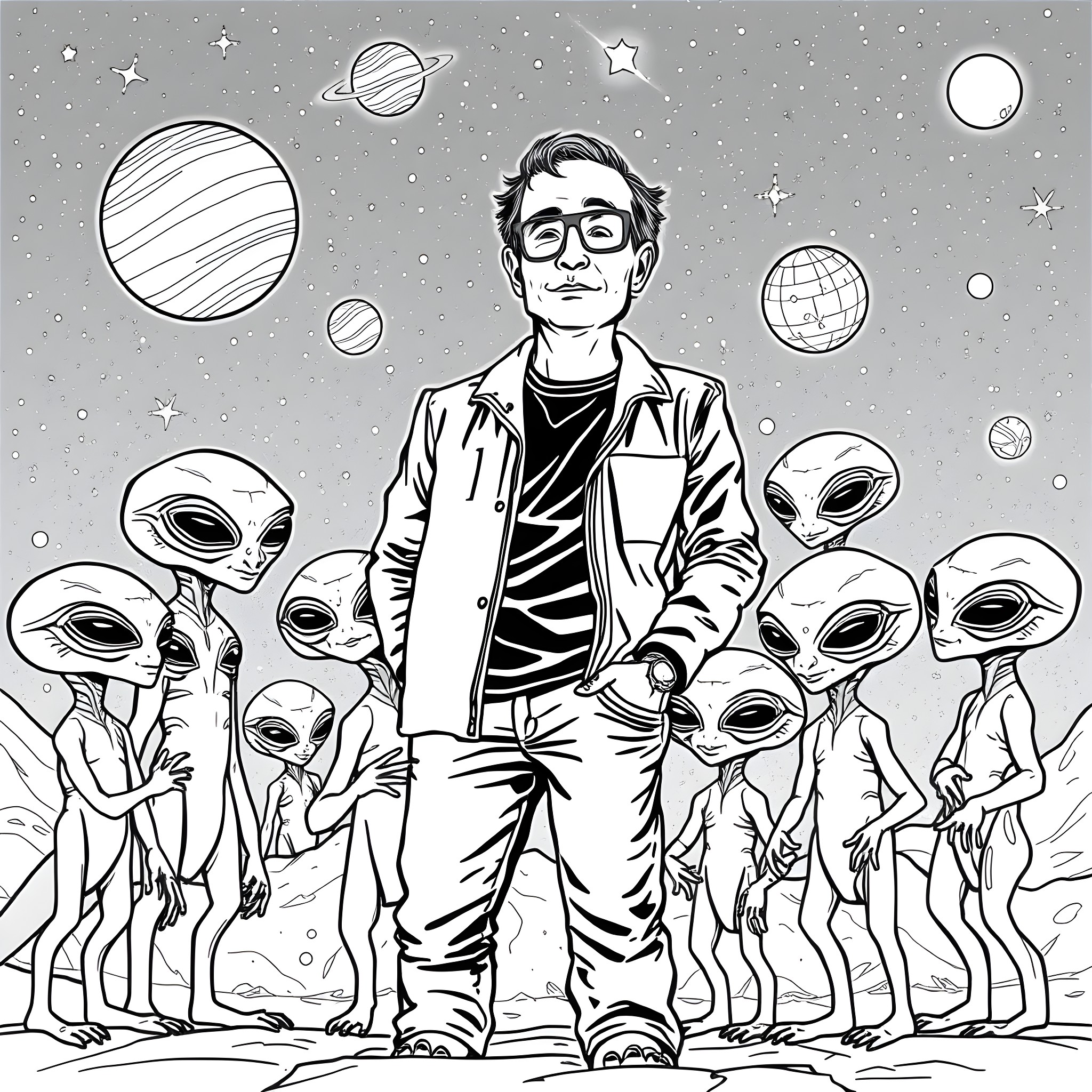 Tom DeLonge's Extraterrestrial Encounter Coloring Page (free black-and-white line drawing printable PDF for all, from beginners to advanced learners, including children, teens, adults, and seniors)