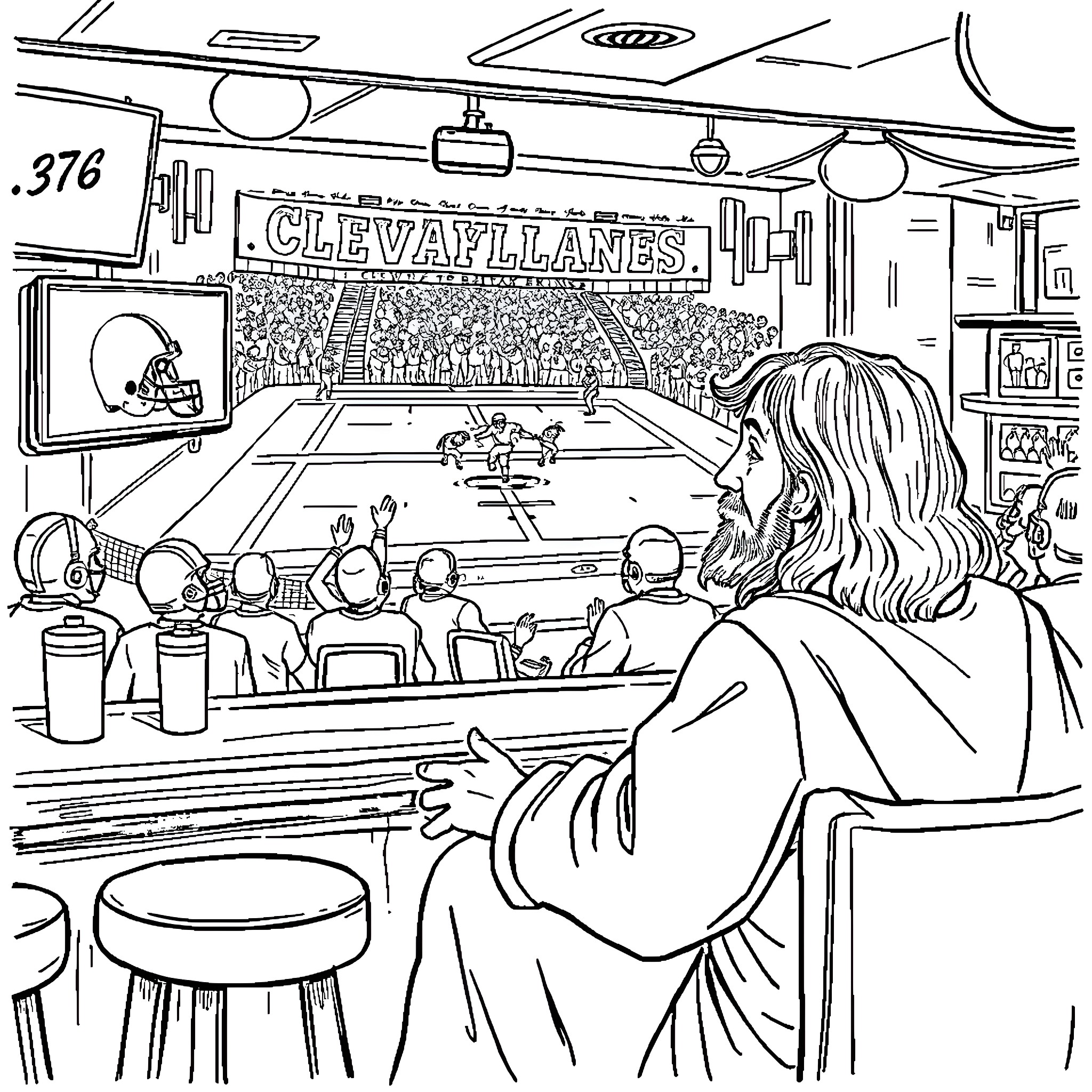 Jesus watching football game in a stadium Coloring Page (free black-and-white line drawing printable PDF for all, from beginners to advanced learners, including children, teens, adults, and seniors)
