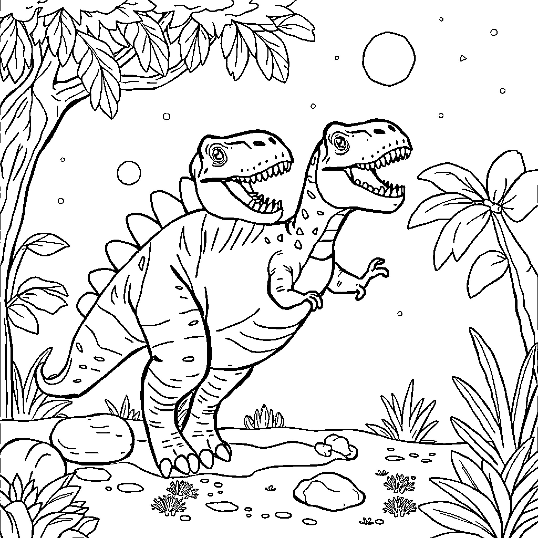 Dinosaurs Playing in a Prehistoric Jungle Coloring Page (free black-and-white line drawing printable PDF for all, from beginners to advanced learners, including children, teens, adults, and seniors)