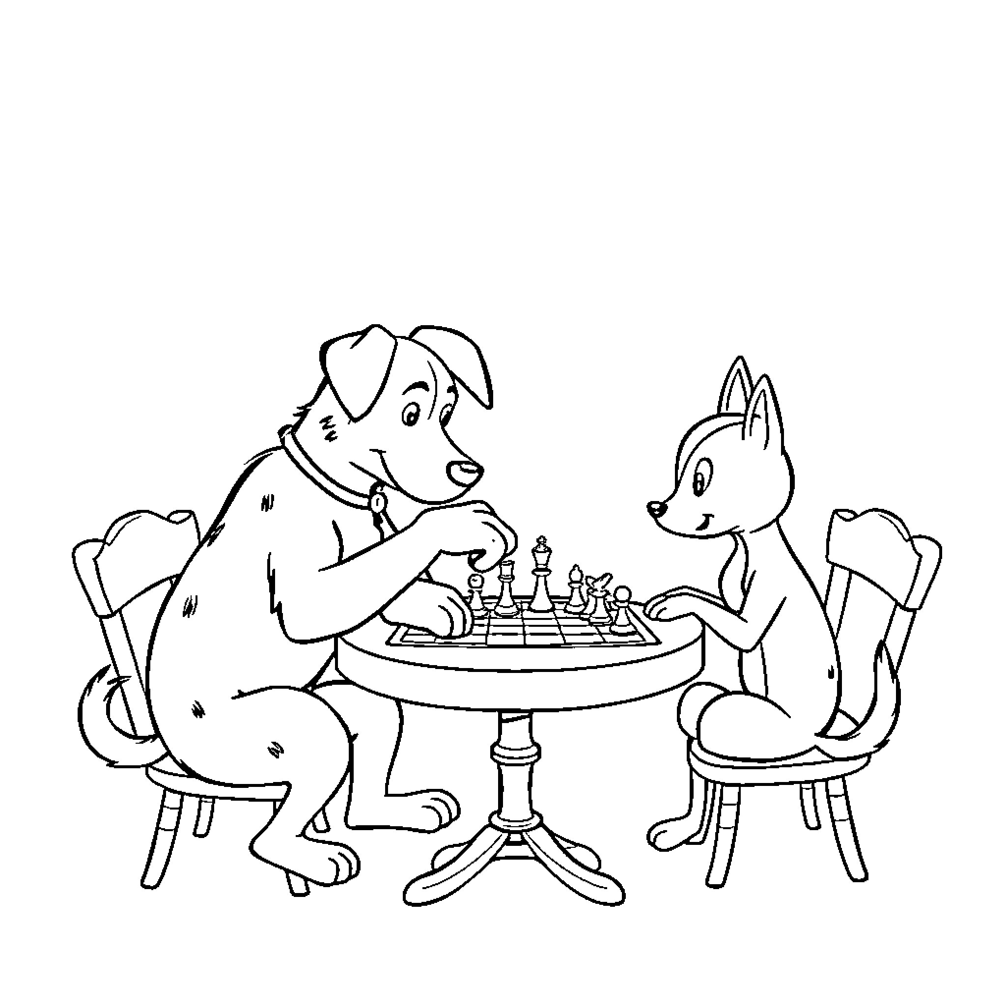 Dogman playing chess with his animal friends Coloring Page (free black-and-white line drawing printable PDF for all, from beginners to advanced learners, including children, teens, adults, and seniors)
