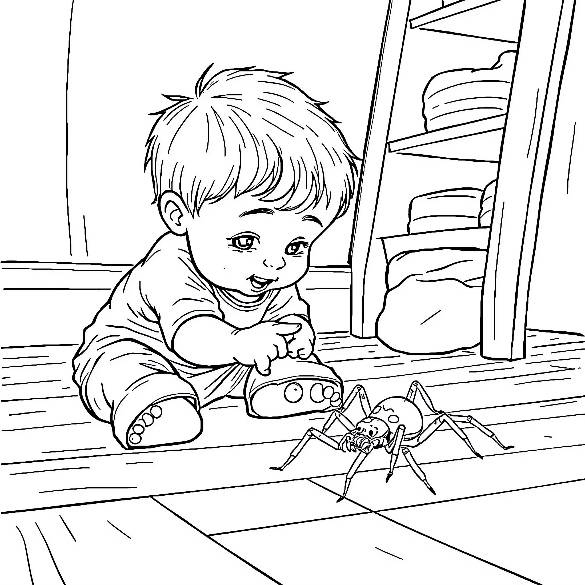 Spider-themed adventures of a curious child Coloring Page (free black-and-white line drawing printable PDF for all, from beginners to advanced learners, including children, teens, adults, and seniors)