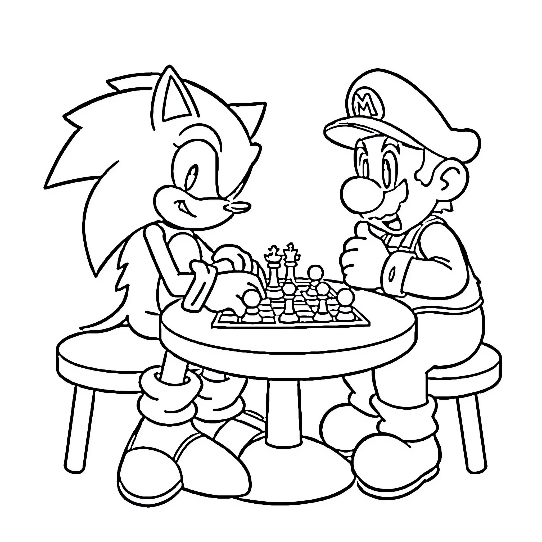 Sonic and Mario playing chess together Coloring Page (free black-and-white line drawing printable PDF for all, from beginners to advanced learners, including children, teens, adults, and seniors)