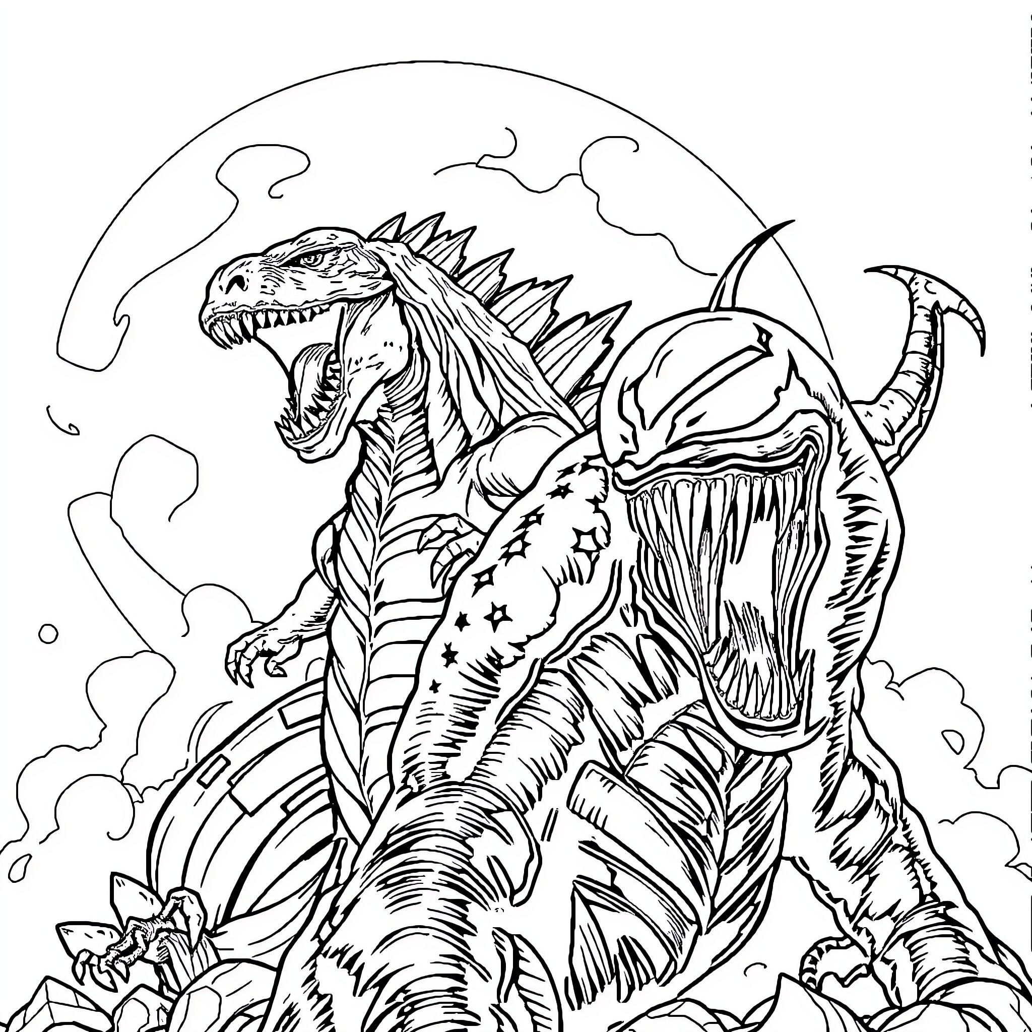 Godzilla's Fierce Encounter with an Alien Creature Coloring Page (free black-and-white line drawing printable PDF for all, from beginners to advanced learners, including children, teens, adults, and seniors)