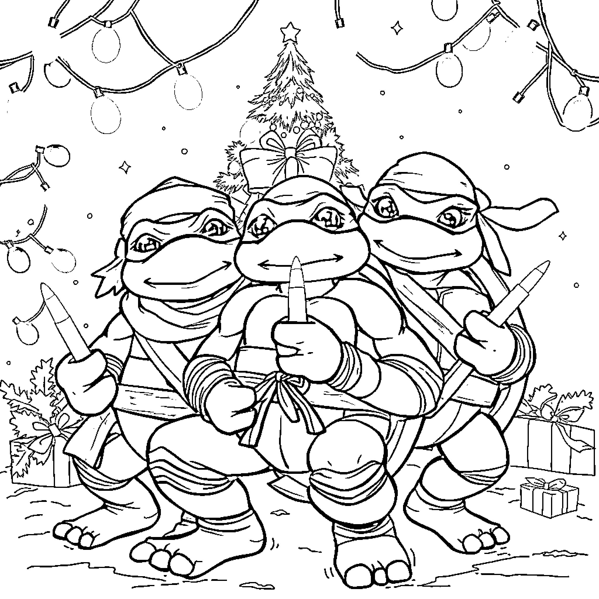 Ninja Turtle Celebrating Christmas with Festive Decor Coloring Page (free black-and-white line drawing printable PDF for all, from beginners to advanced learners, including children, teens, adults, and seniors)