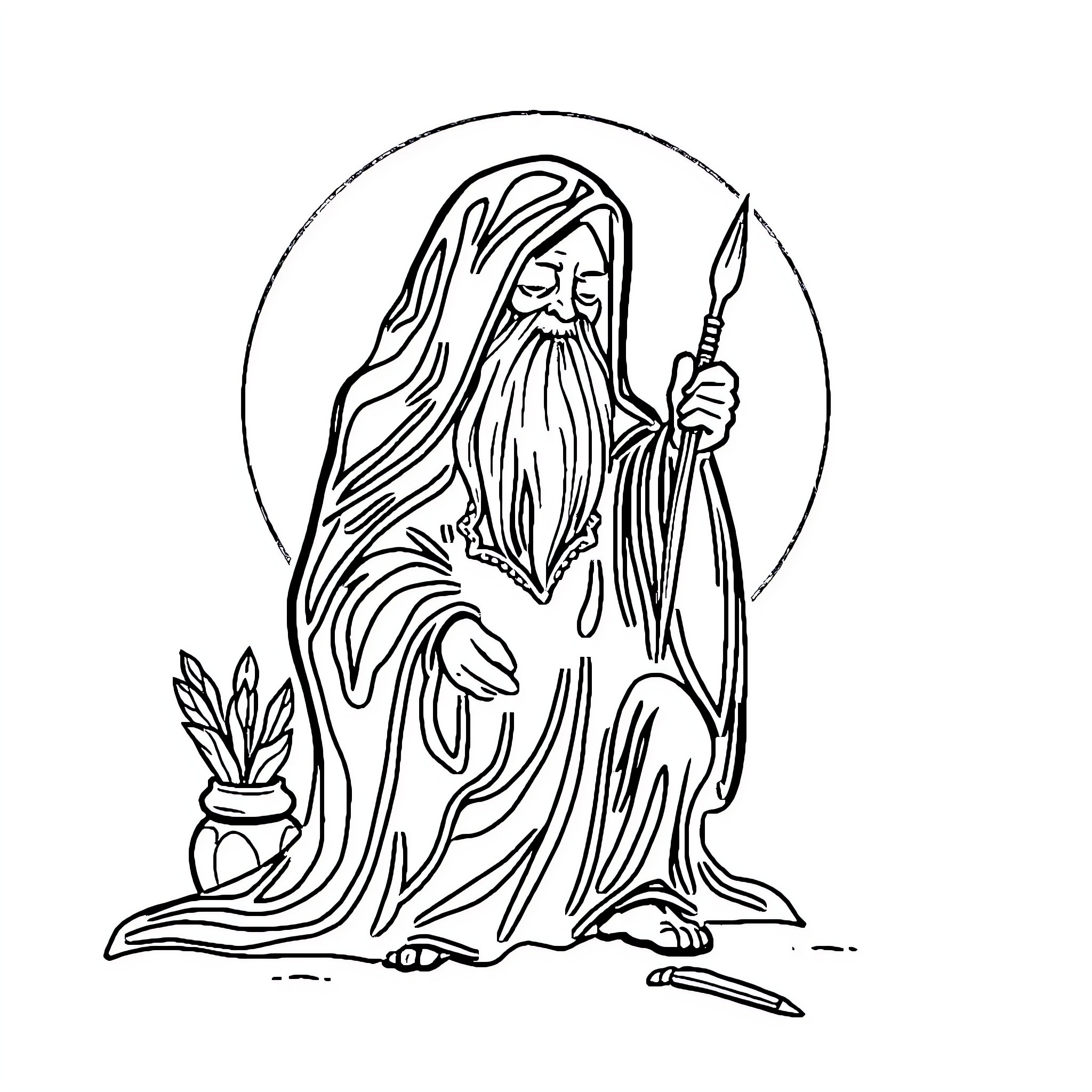 Ermitaño wielding staff and facing forward Coloring Page (free black-and-white line drawing printable PDF for all, from beginners to advanced learners, including children, teens, adults, and seniors)