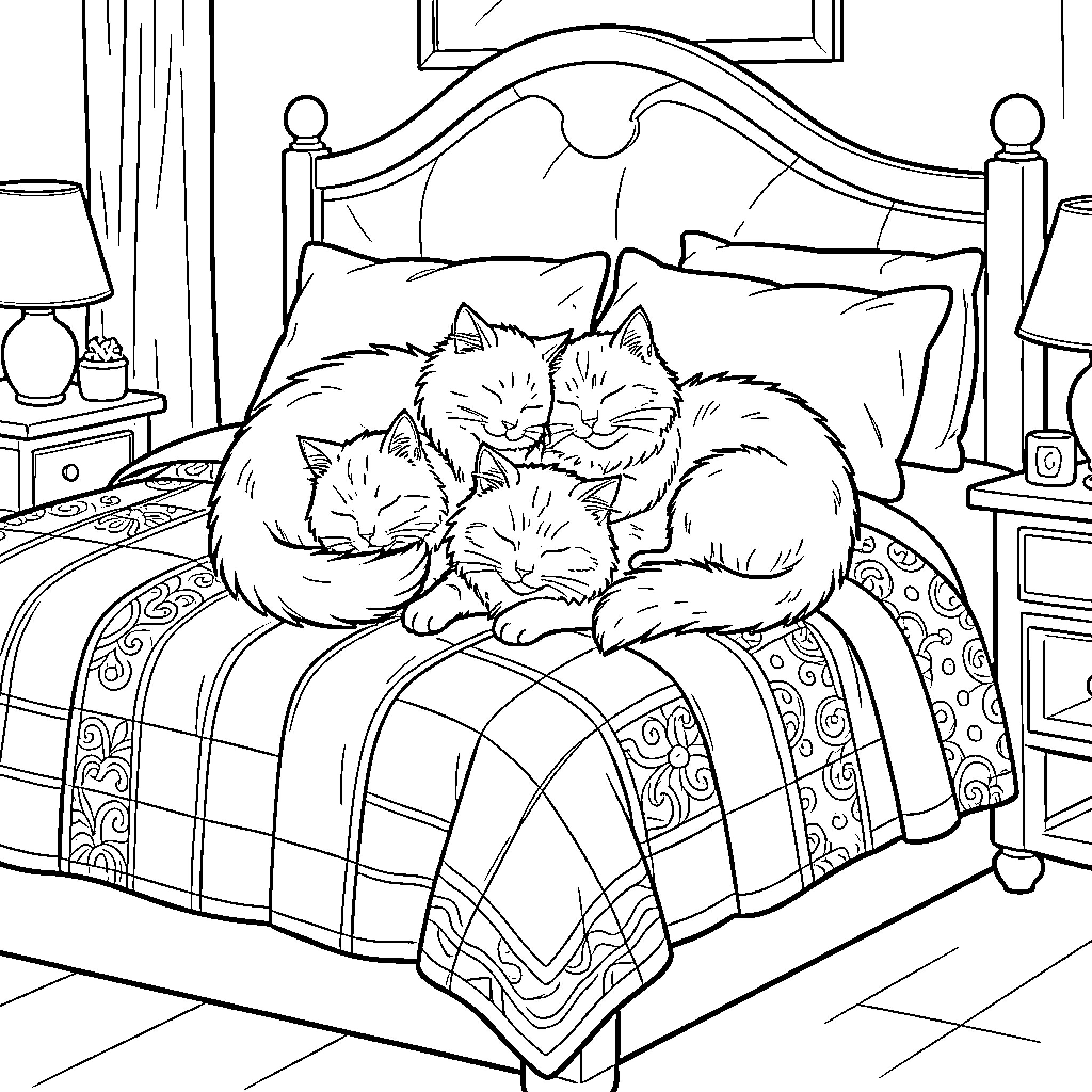 Cat Cuddling Comfortably on Cozy Bed Coloring Page (free black-and-white line drawing printable PDF for all, from beginners to advanced learners, including children, teens, adults, and seniors)