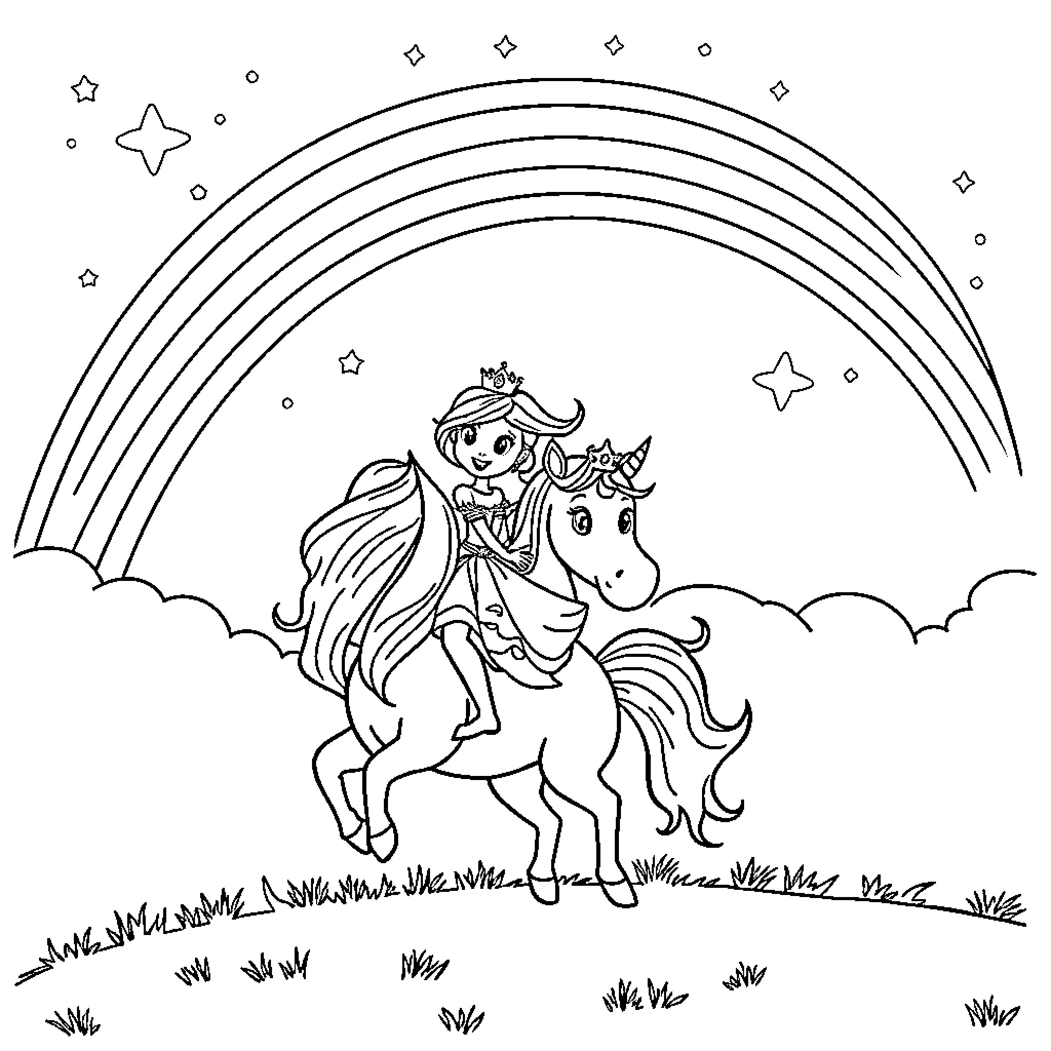 Princess Riding Unicorn in Starry Landscape Coloring Page (free black-and-white line drawing printable PDF for all, from beginners to advanced learners, including children, teens, adults, and seniors)