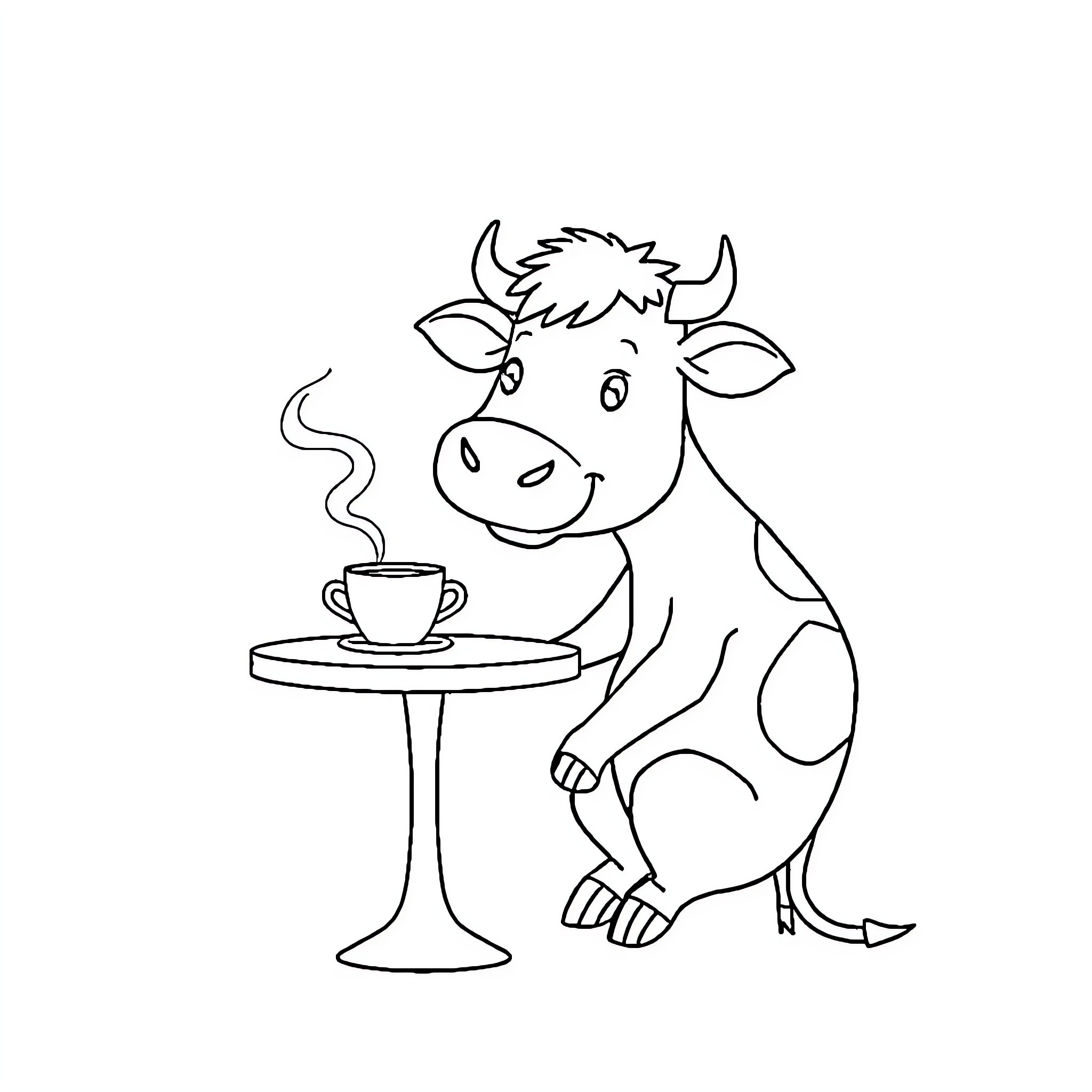 Cow enjoying a hot beverage at the table Coloring Page (free black-and-white line drawing printable PDF for all, from beginners to advanced learners, including children, teens, adults, and seniors)