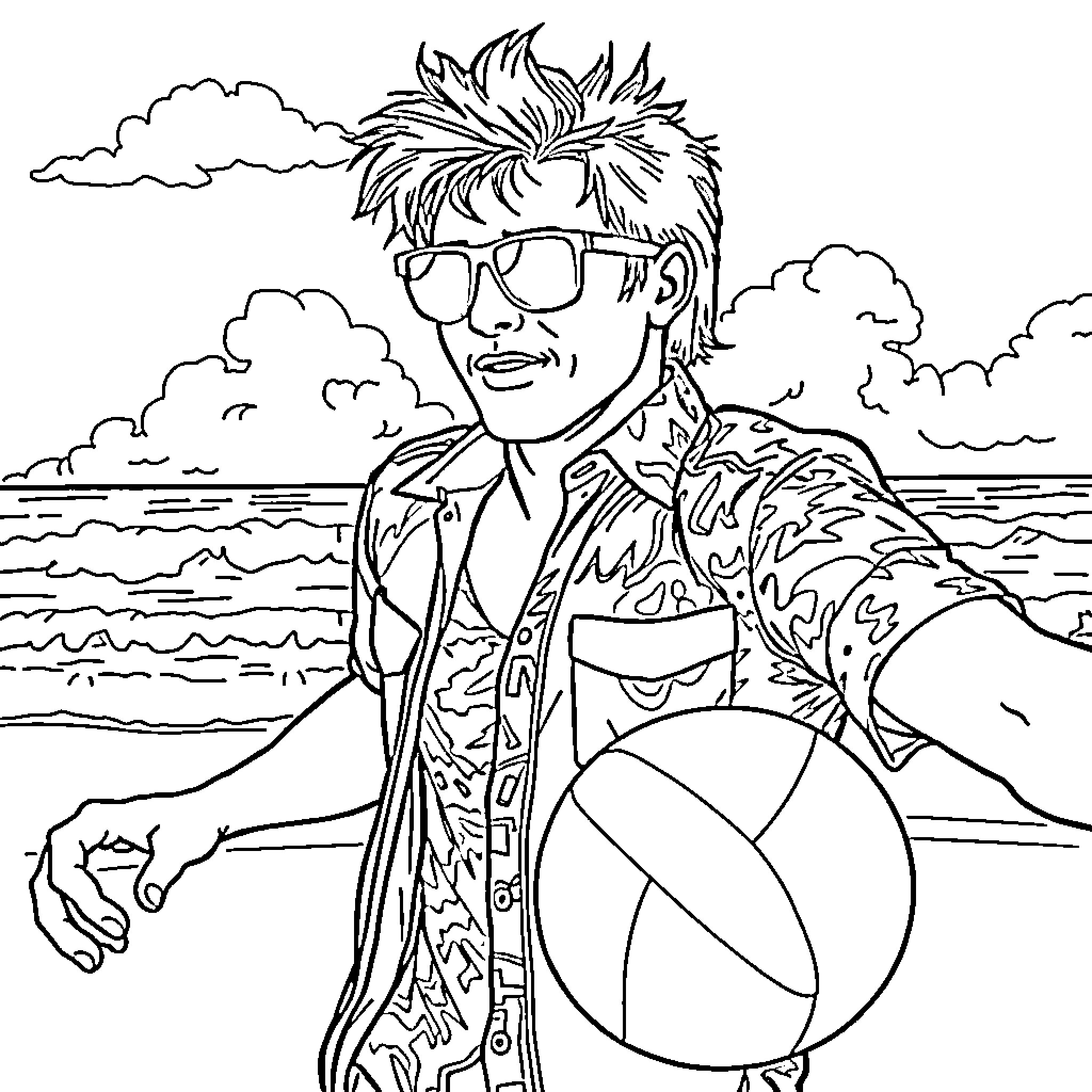 Marty McFly's Beach Adventure Coloring Page (free black-and-white line drawing printable PDF for all, from beginners to advanced learners, including children, teens, adults, and seniors)