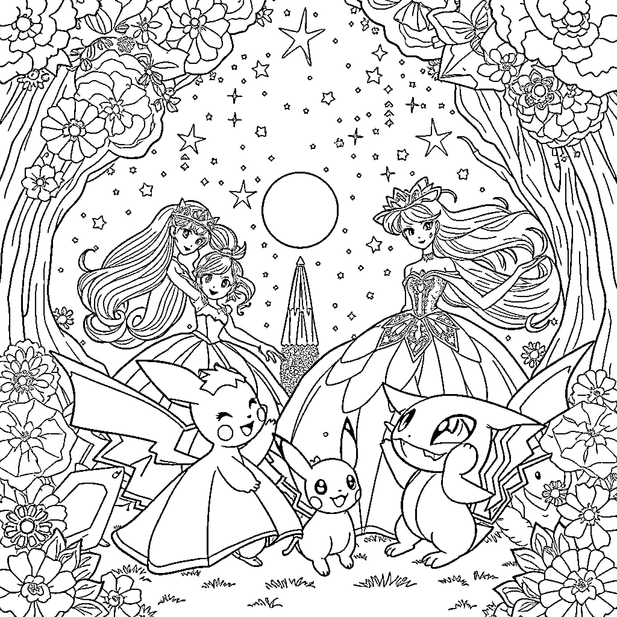 Pokémon Princesses in a Floral Wonderland Coloring Page (free black-and-white line drawing printable PDF for all, from beginners to advanced learners, including children, teens, adults, and seniors)